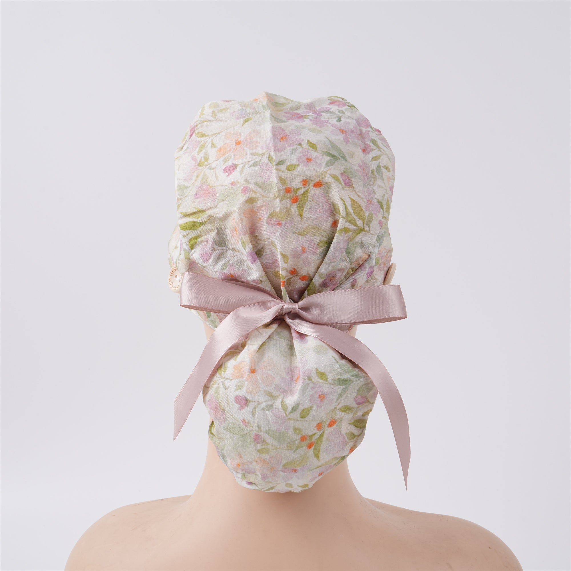 Apricot Watercolor Floral Cotton Ponytail Scrub Cap