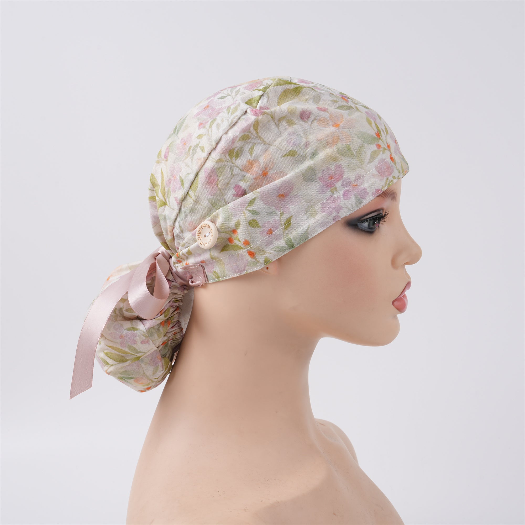 Apricot Watercolor Floral Cotton Ponytail Scrub Cap