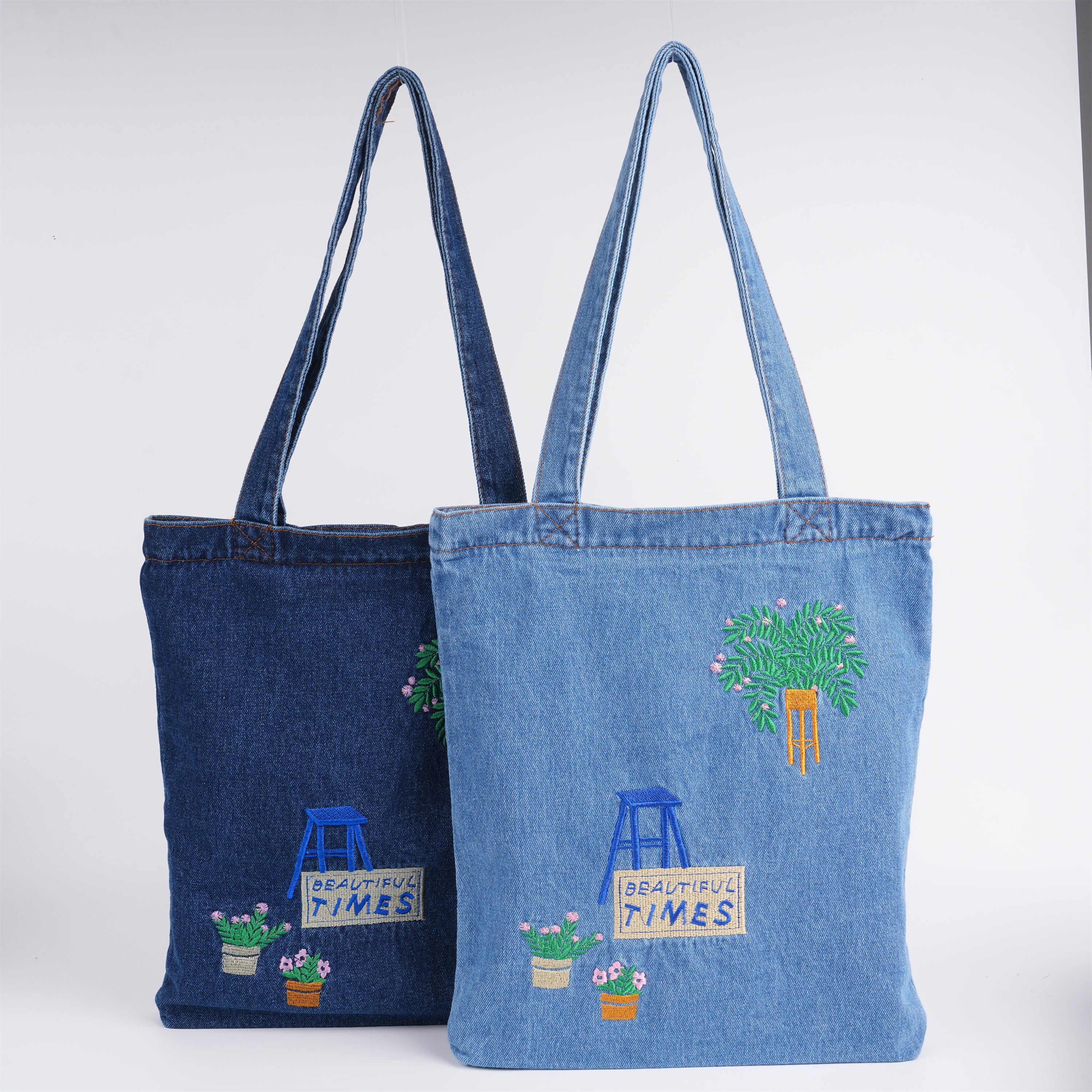 Embroidered Flowers Canvas Denim Bag, Shoulder Tote with Zipper&Pocket,Back to School