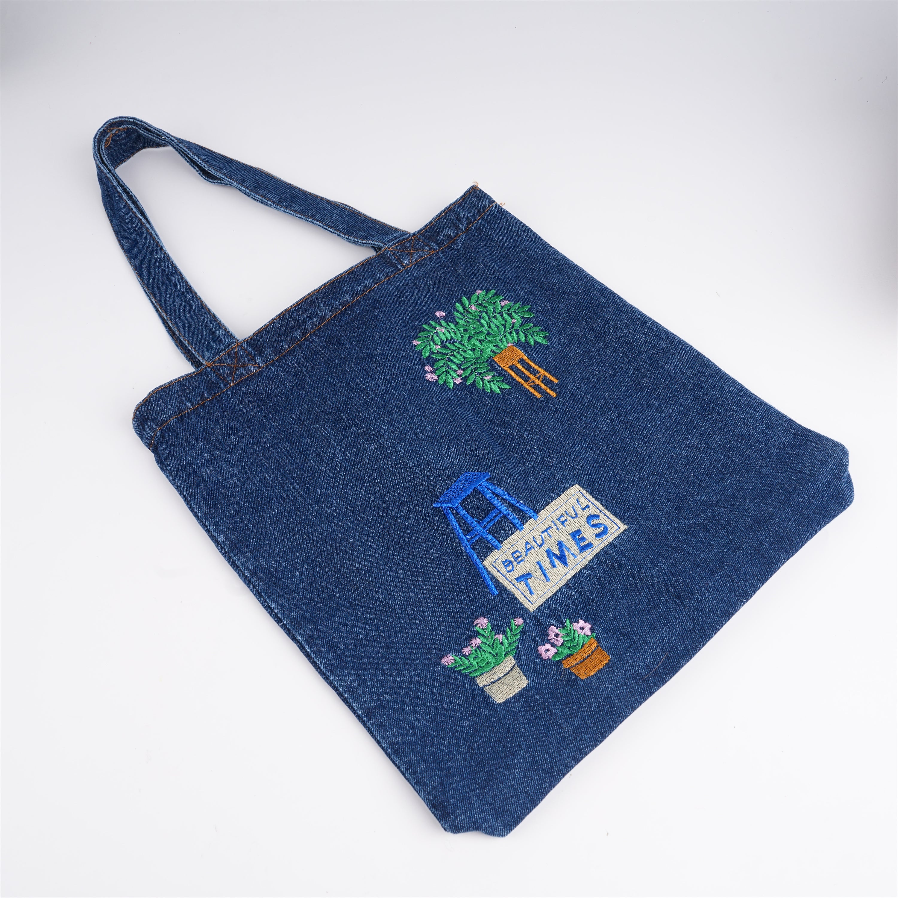 Embroidered Flowers Canvas Denim Bag, Shoulder Tote with Zipper&Pocket,Back to School