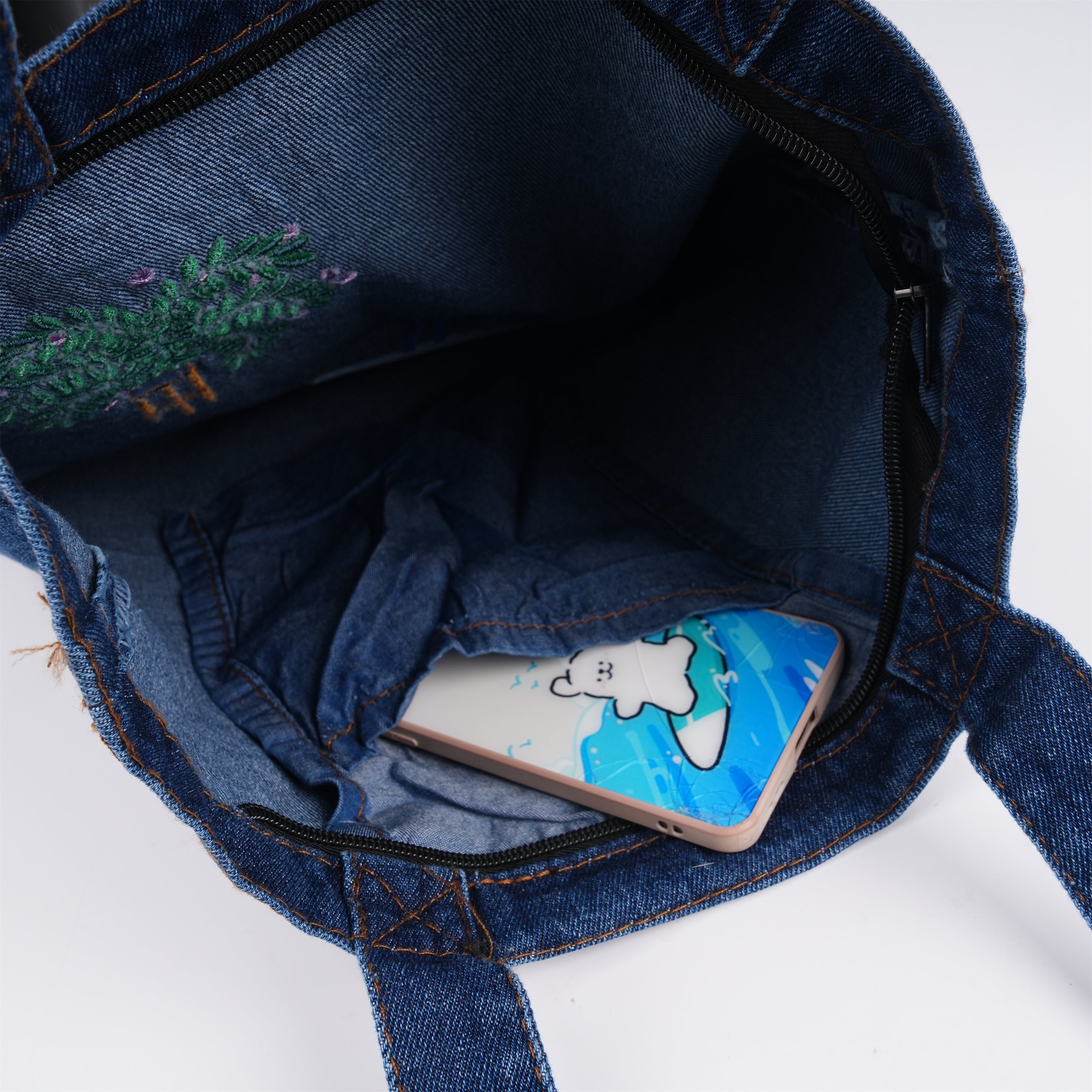 Embroidered Flowers Canvas Denim Bag, Shoulder Tote with Zipper&Pocket,Back to School