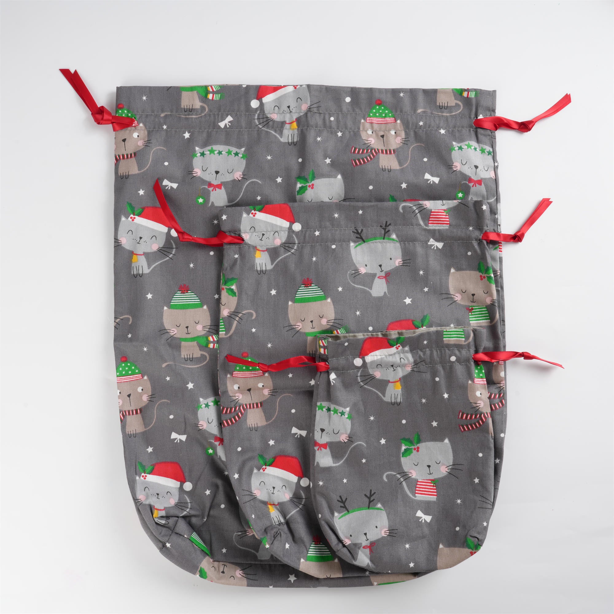 Grey Christmas Gift Bag,Cute Grey & Khaki Kitten with Christmas Hat,Premium Double Coton