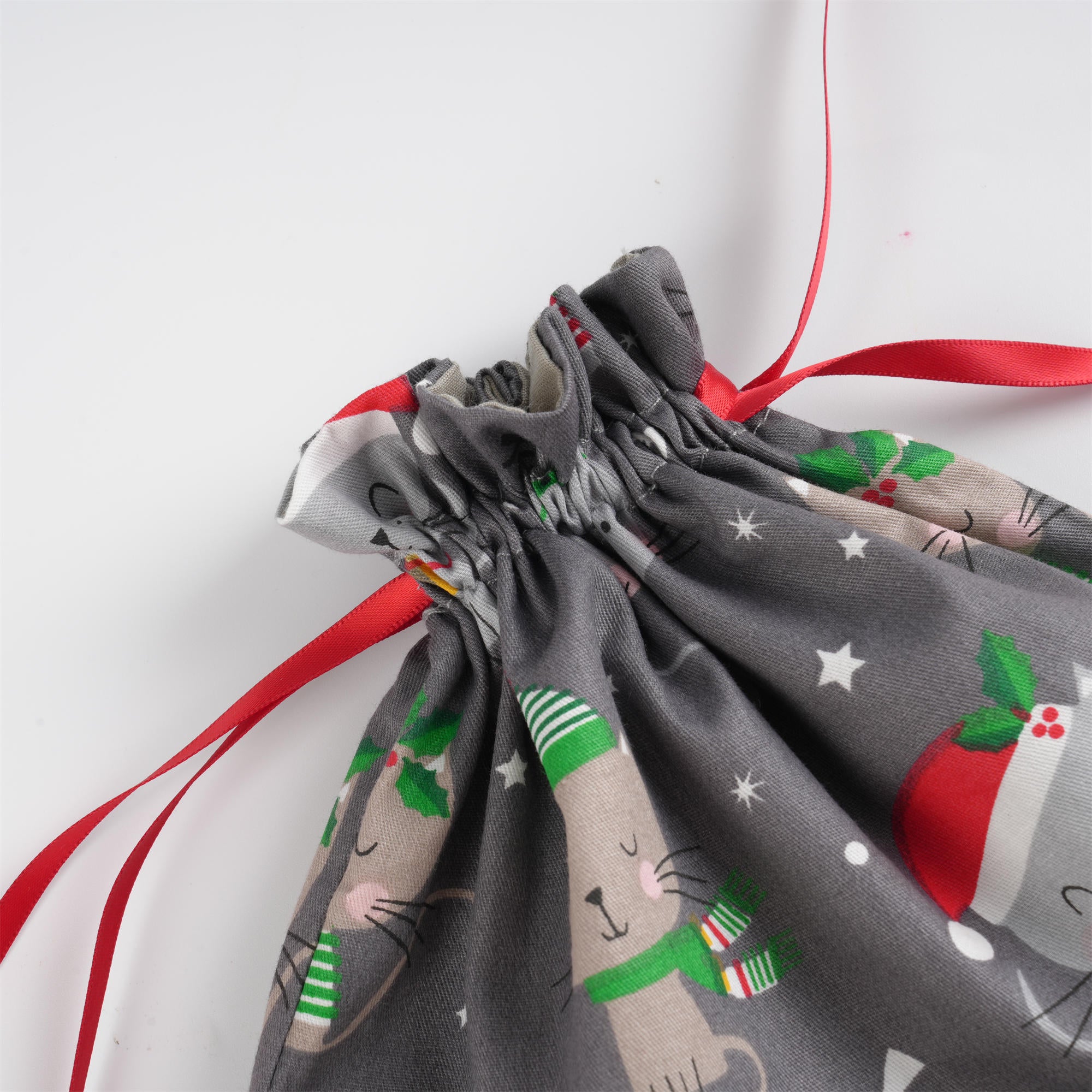 Grey Christmas Gift Bag,Cute Grey & Khaki Kitten with Christmas Hat,Premium Double Coton