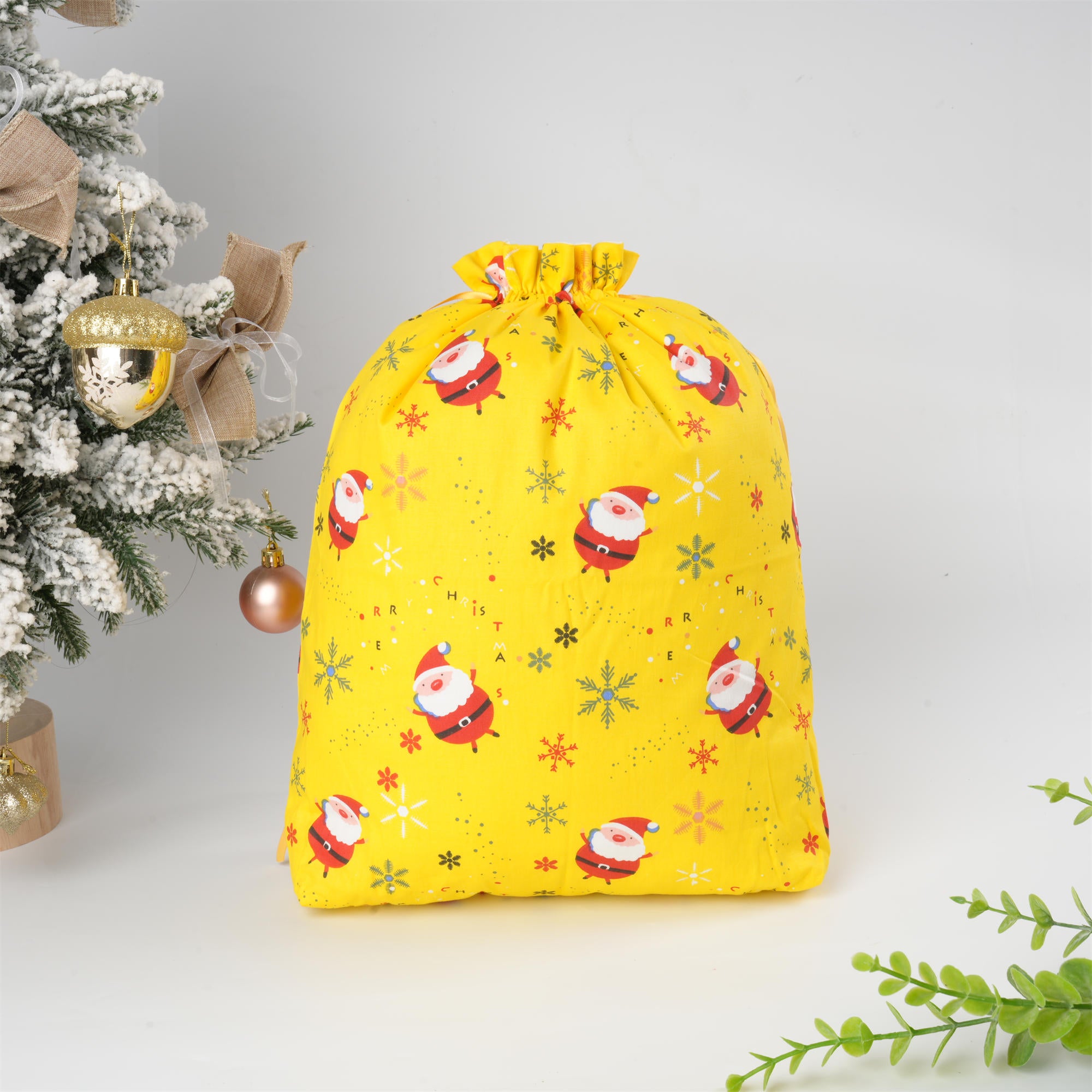 Yellow Christmas Gift Bag,Snata Claus,Snowflake Print,Xmas Sack