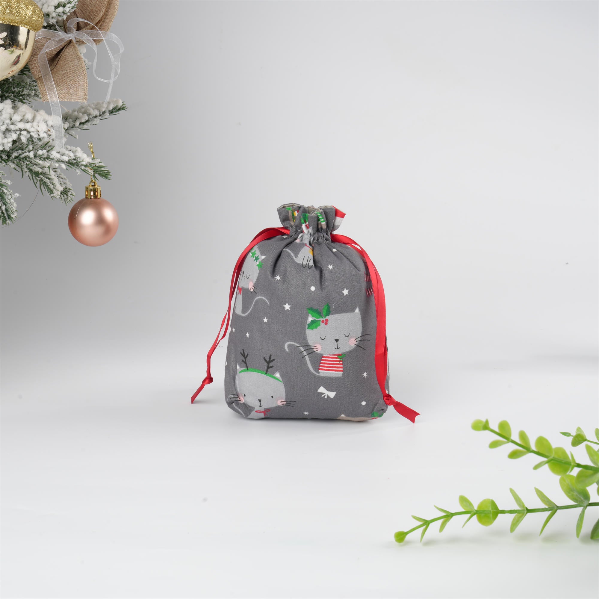Grey Christmas Gift Bag,Cute Grey & Khaki Kitten with Christmas Hat,Premium Double Coton