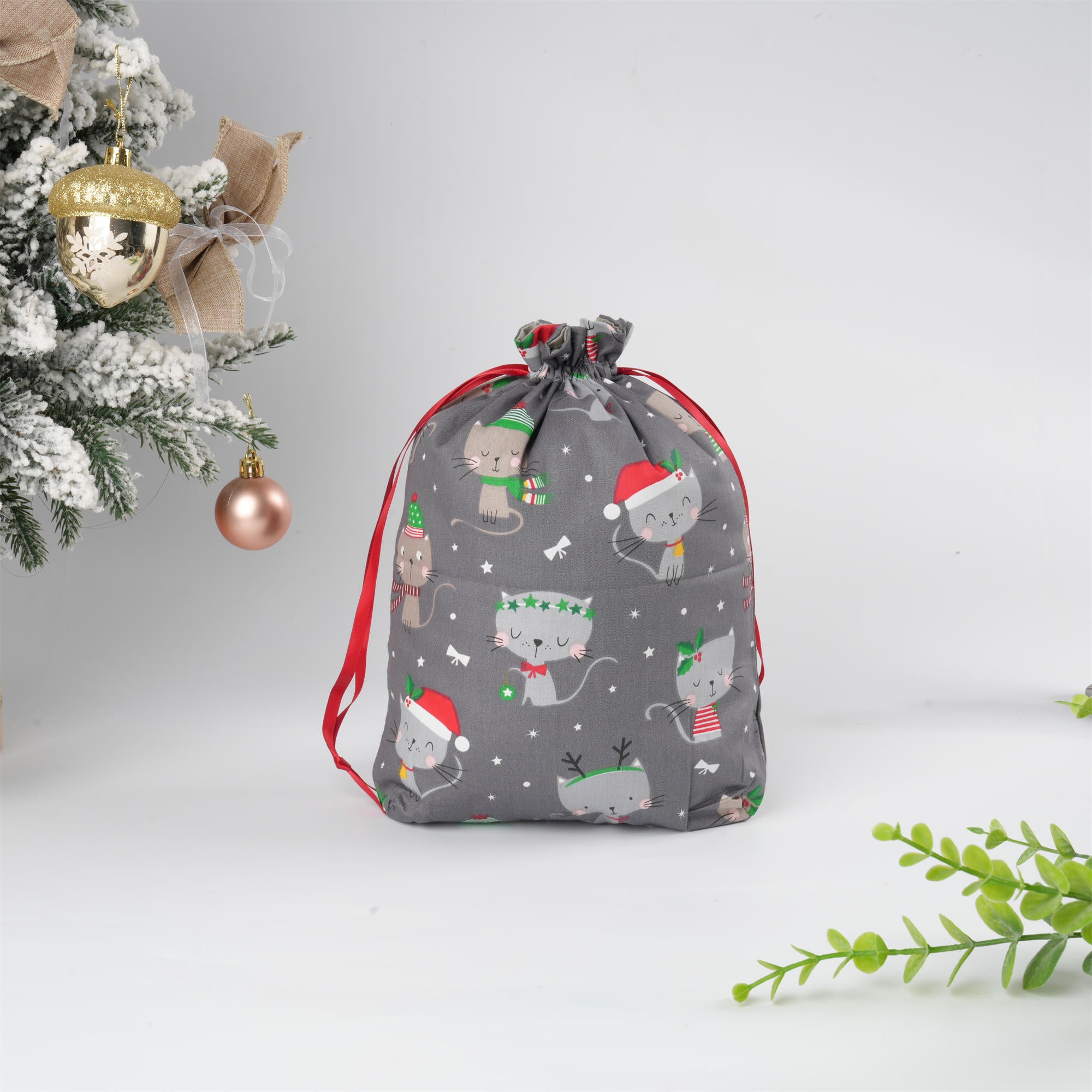 Grey Christmas Gift Bag,Cute Grey & Khaki Kitten with Christmas Hat,Premium Double Coton