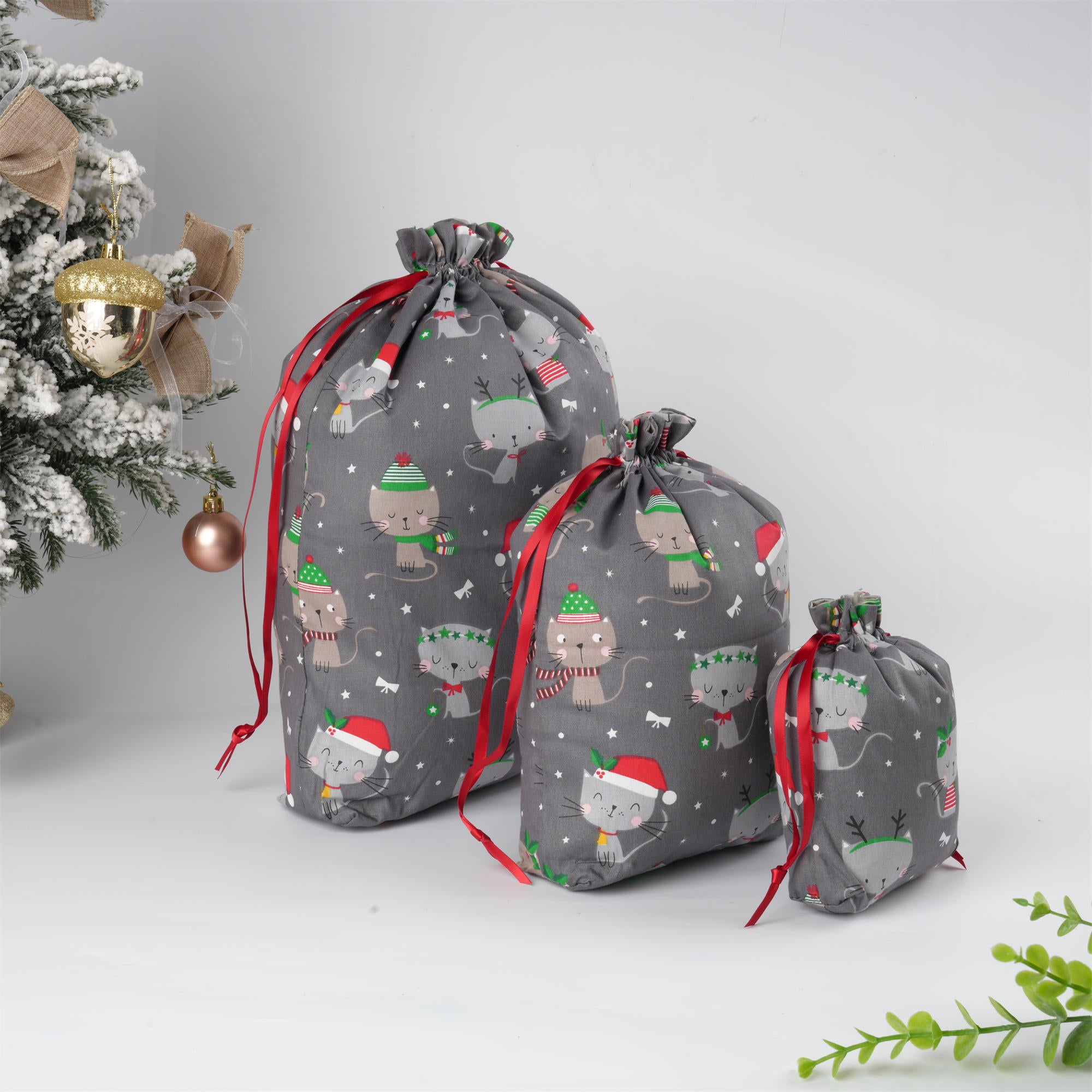 Grey Christmas Gift Bag,Cute Grey & Khaki Kitten with Christmas Hat,Premium Double Coton