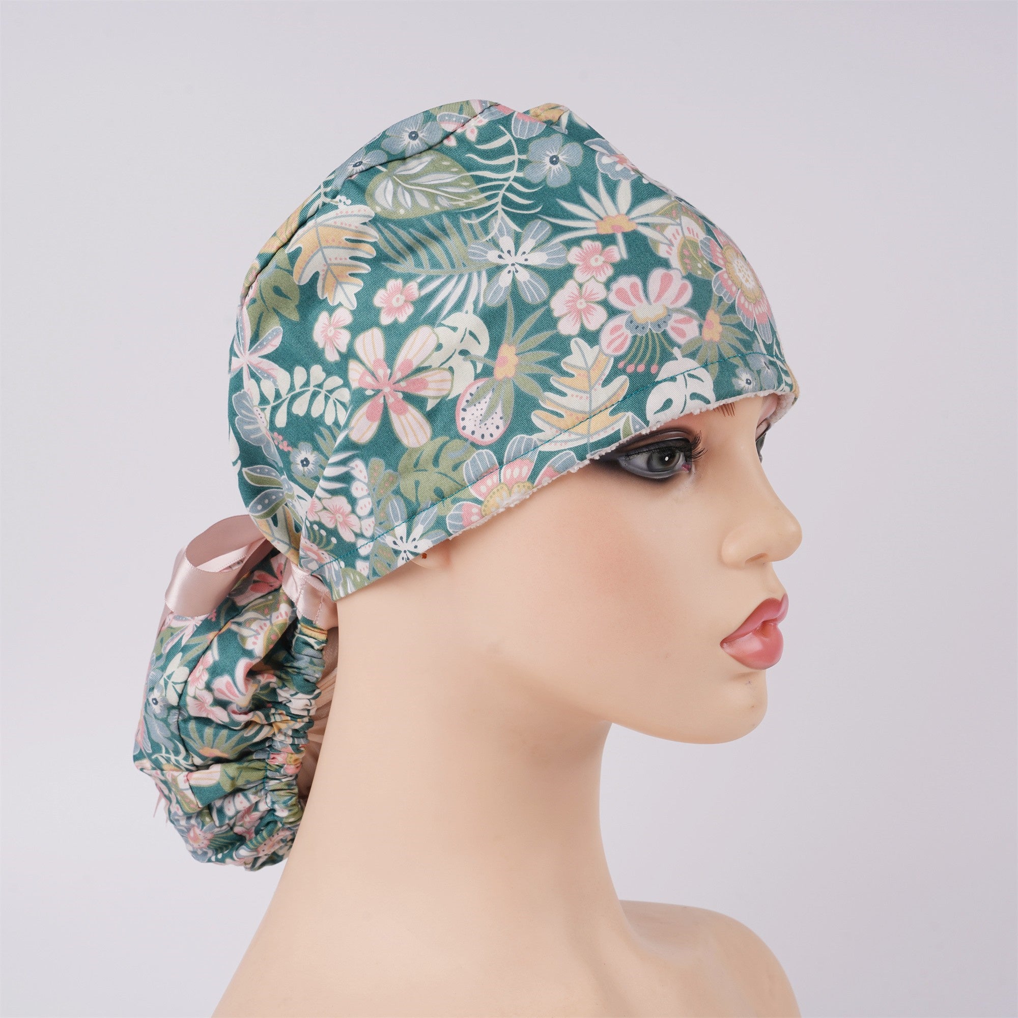 Greenery Plant Ponytail Scrub Cap with Mask Button
