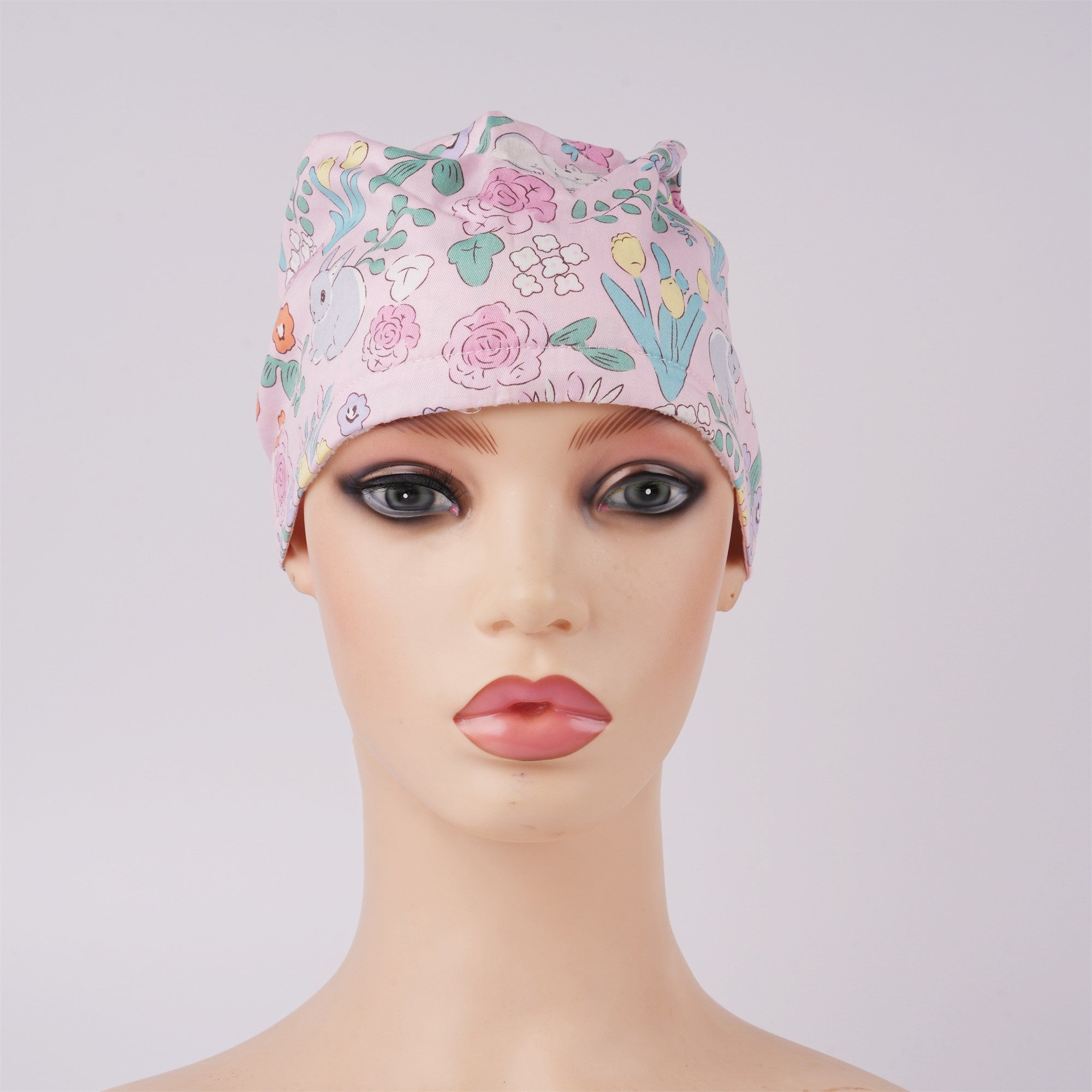 Pink Floral & Rabbit Cotton Ponytail Surgical Scrub Cap