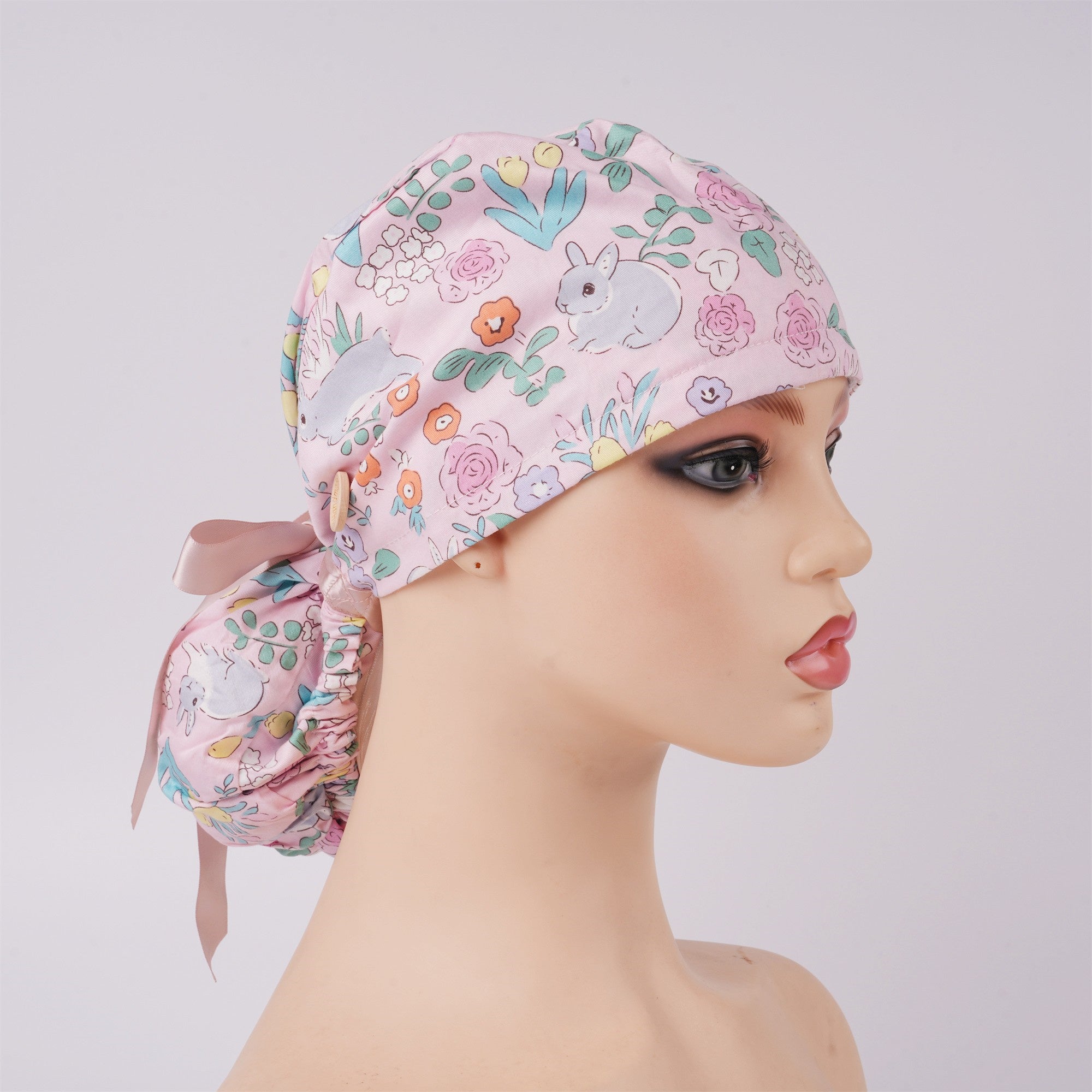 Pink Floral & Rabbit Cotton Ponytail Surgical Scrub Cap