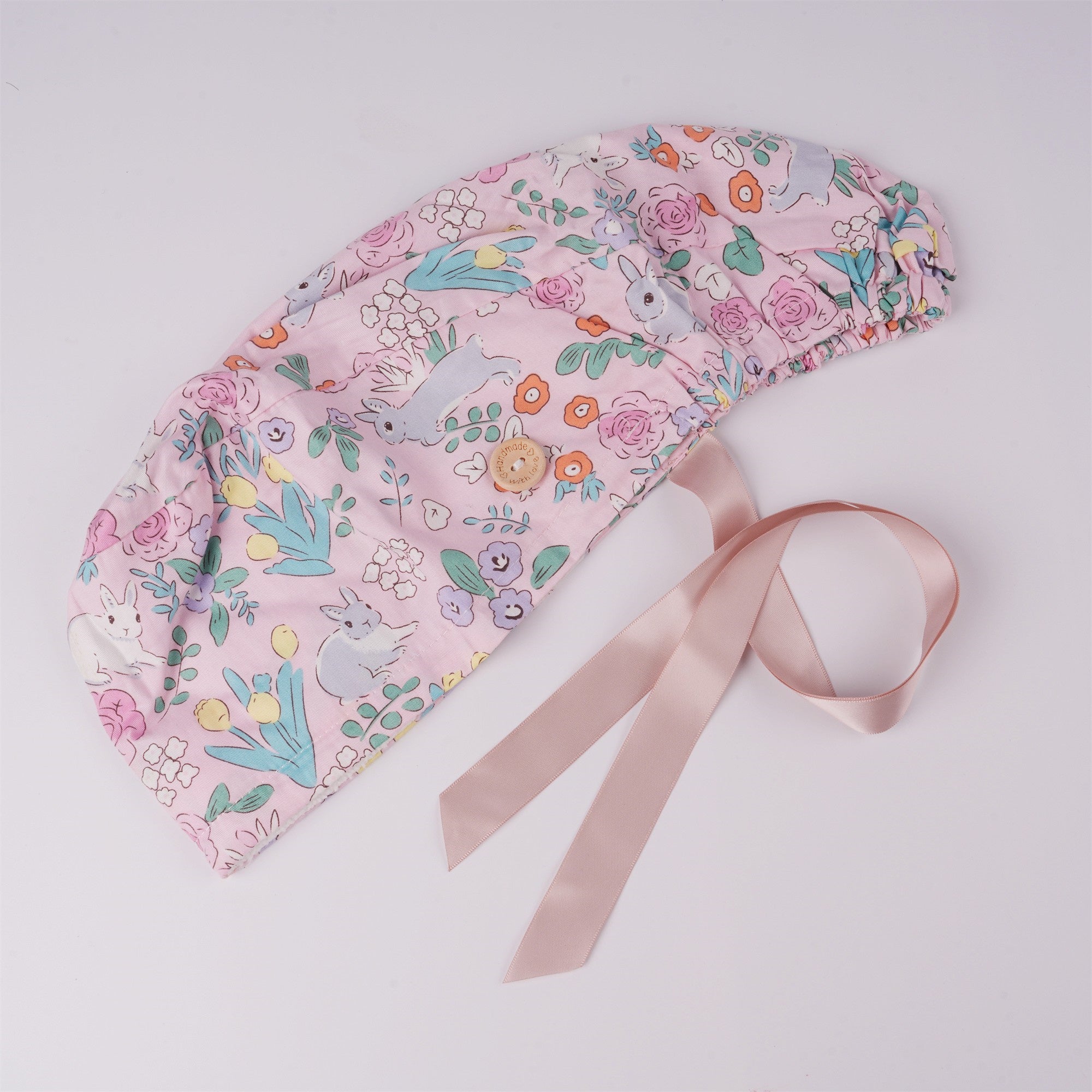 Pink Floral & Rabbit Cotton Ponytail Surgical Scrub Cap