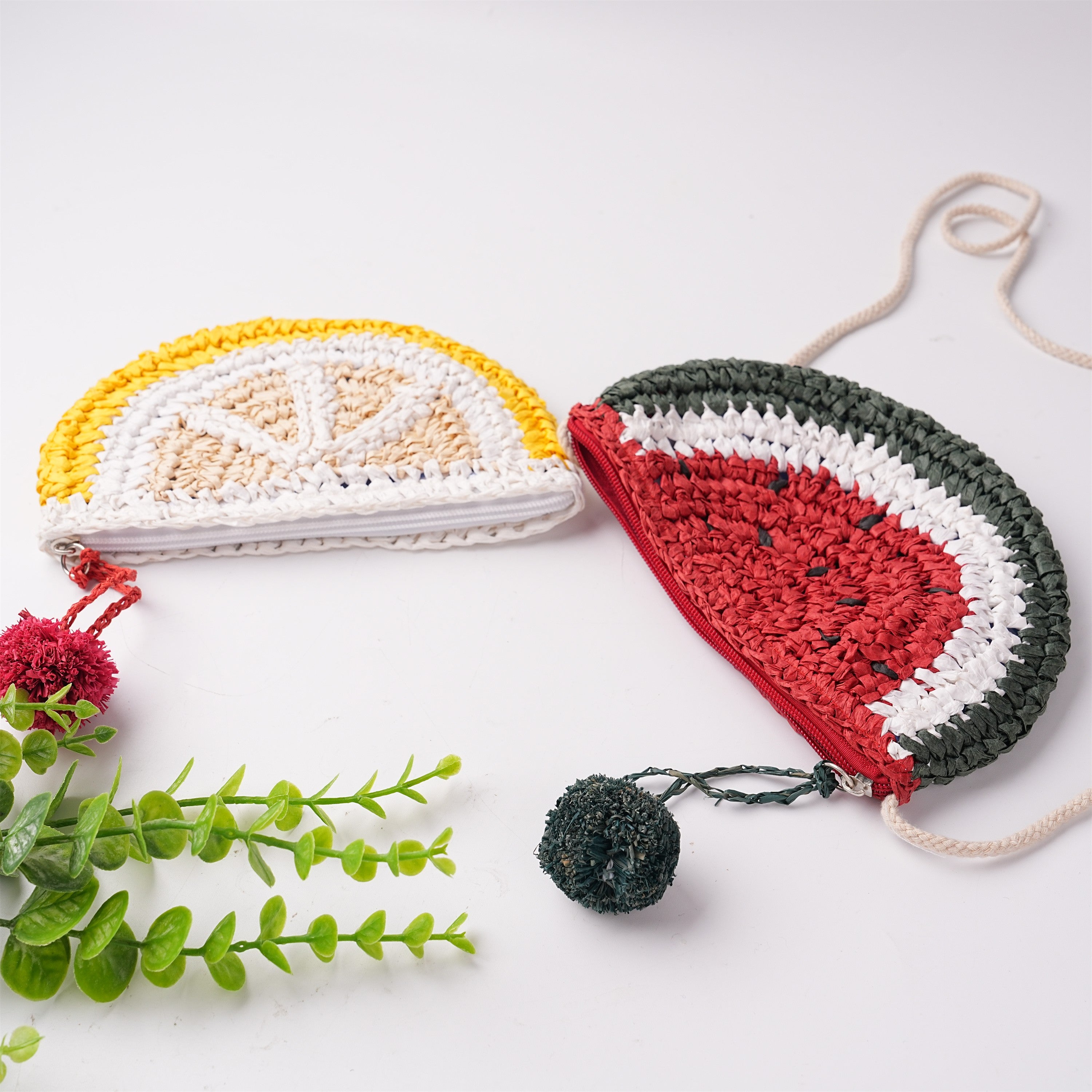 Women's Straw Woven Handbag,Watermelon & Lemon Design,Cute Cosmetic Bag for All Occasions