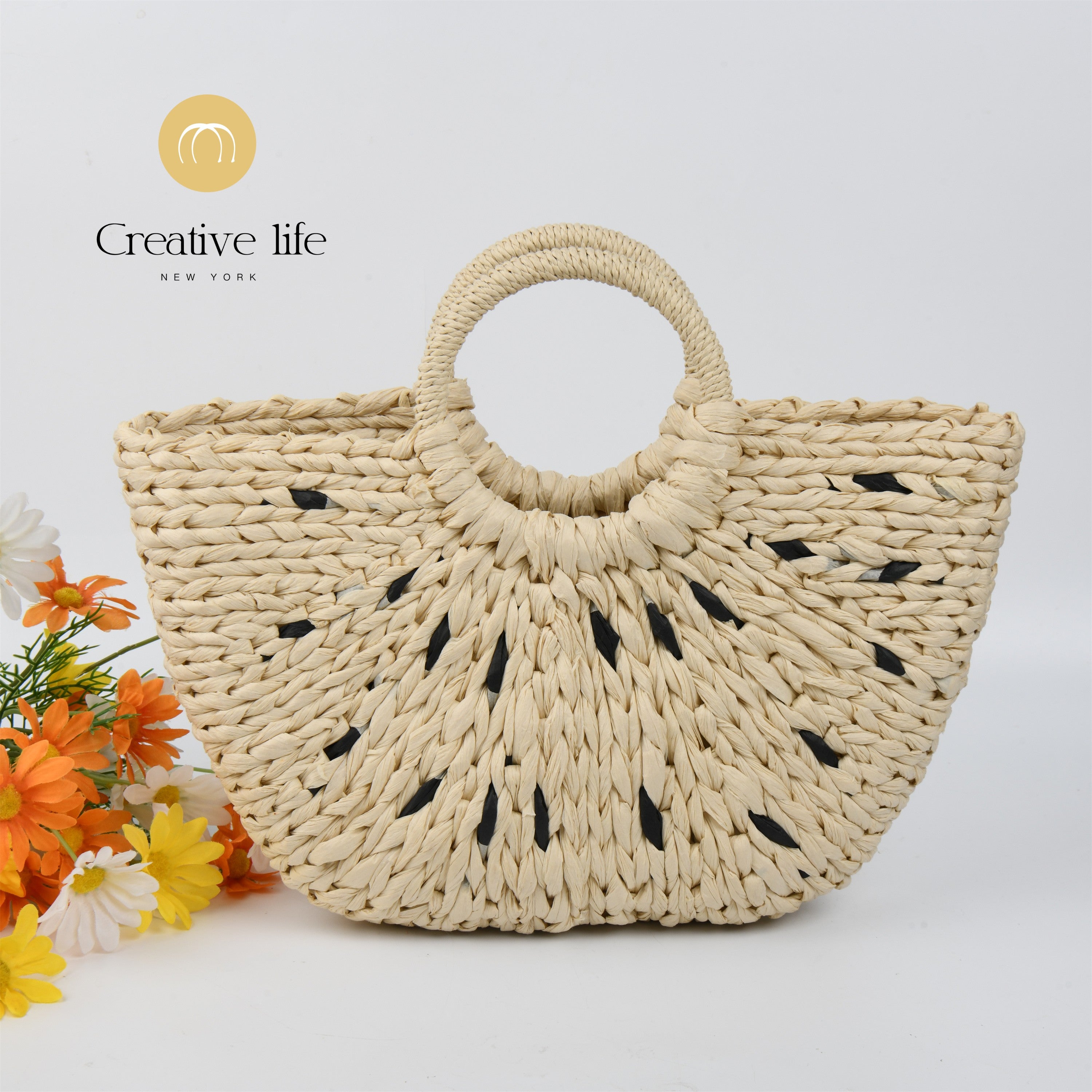 Yellow Half Moon Straw Bag, Summer Vacation Beach Paper Rope Basket Bag, Tote for Party|Beach|Birthday|Wedding