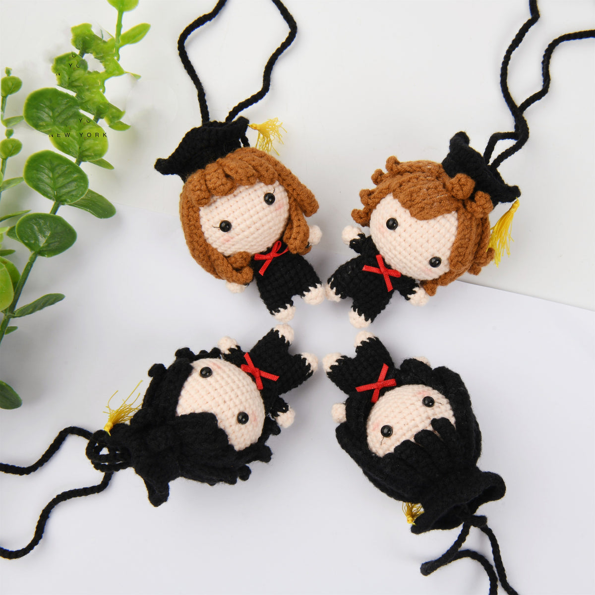 Cute Crochet Graduation Doll Pendant with Cap,Black/Brown Hair