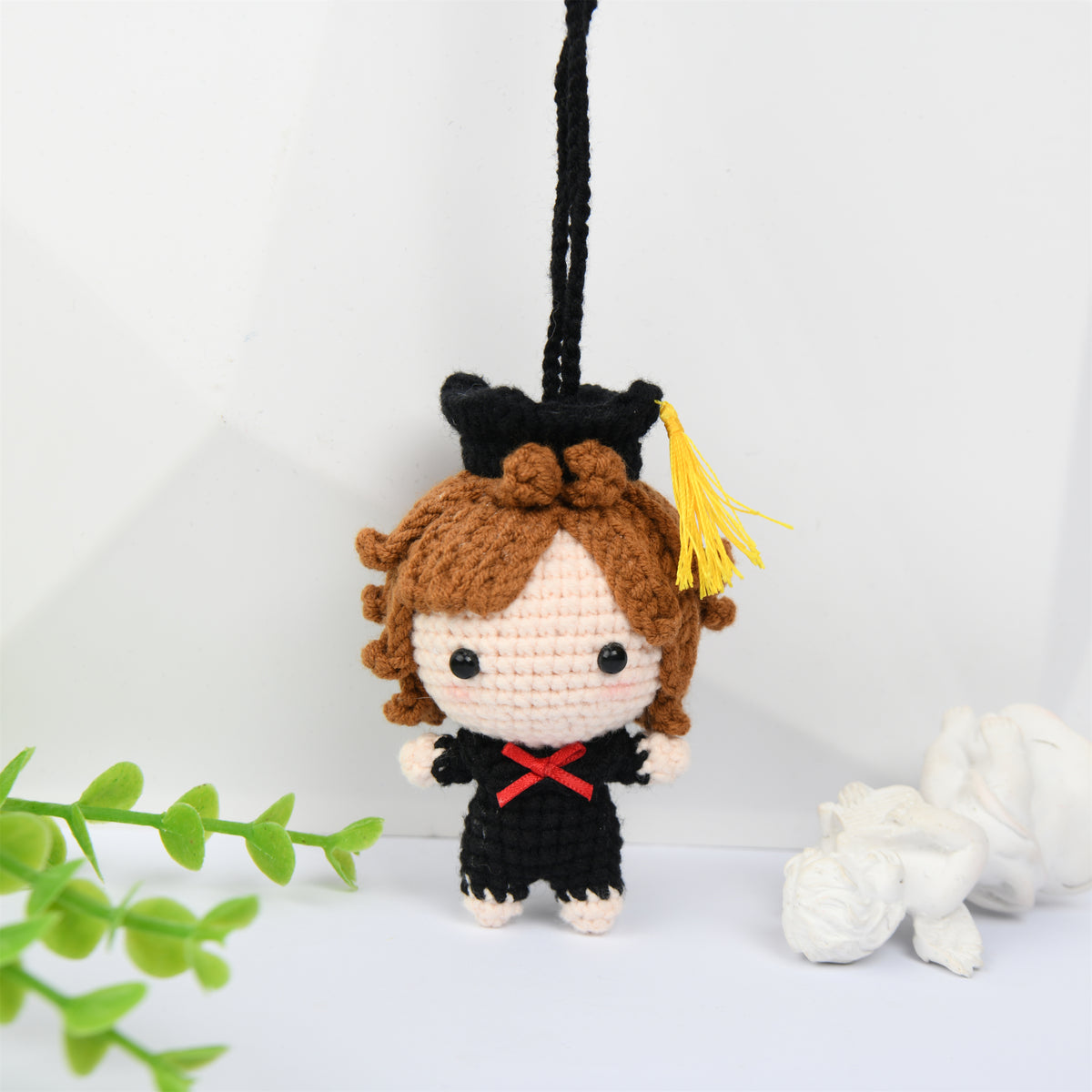 Cute Crochet Graduation Doll Pendant with Cap,Black/Brown Hair
