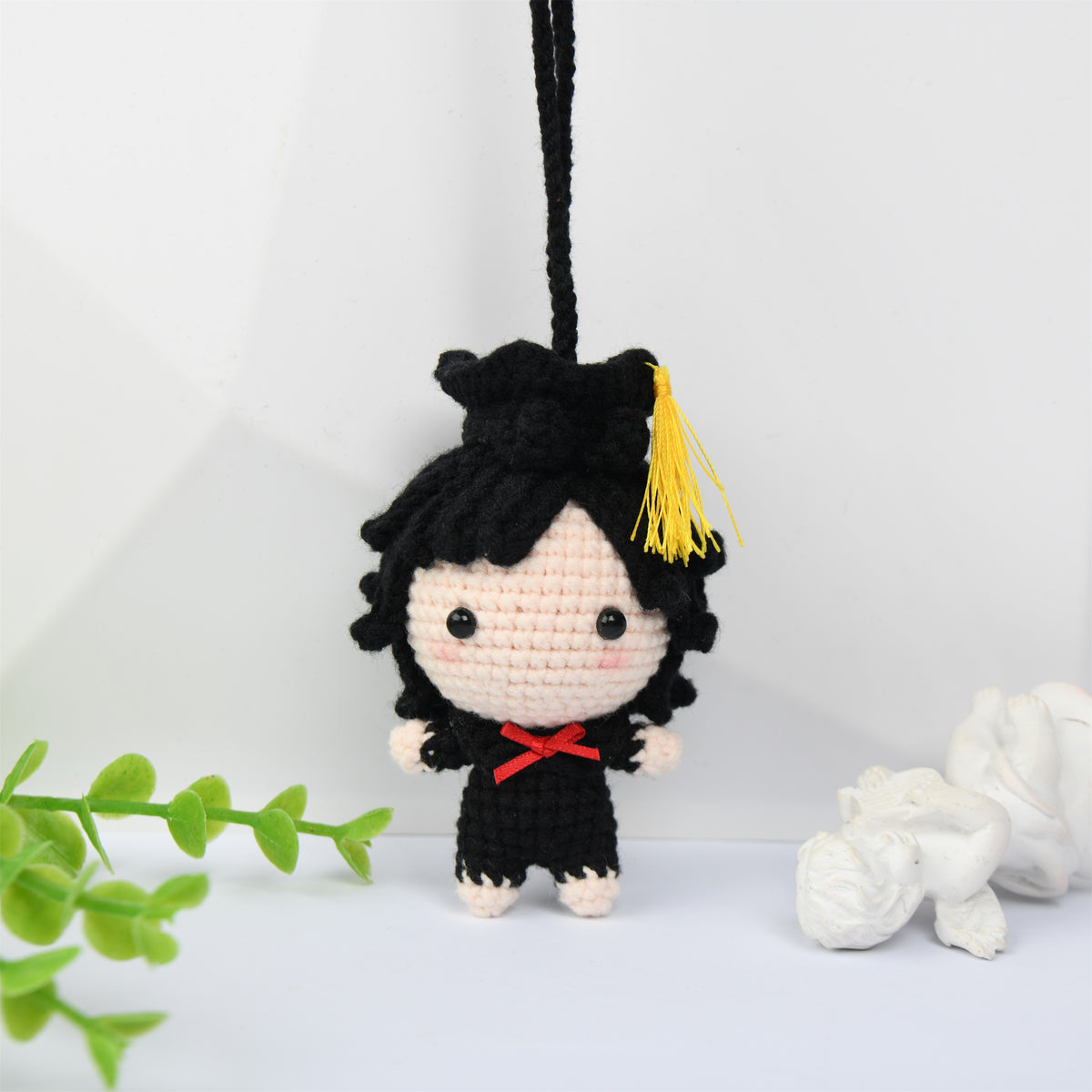 Cute Crochet Graduation Doll Pendant with Cap,Black/Brown Hair