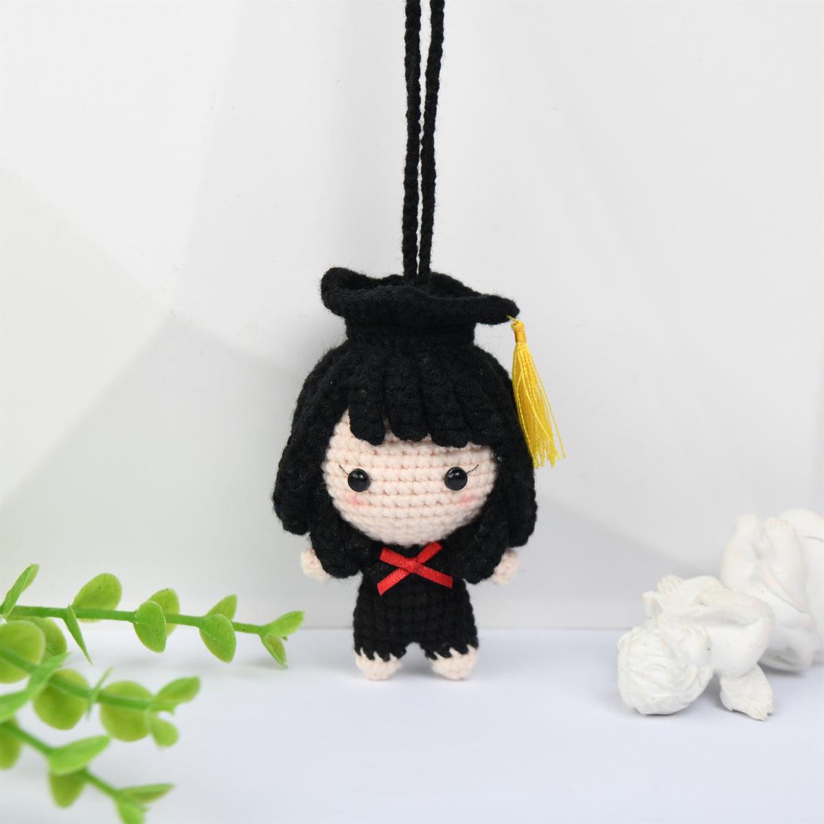 Cute Crochet Graduation Doll Pendant with Cap,Black/Brown Hair