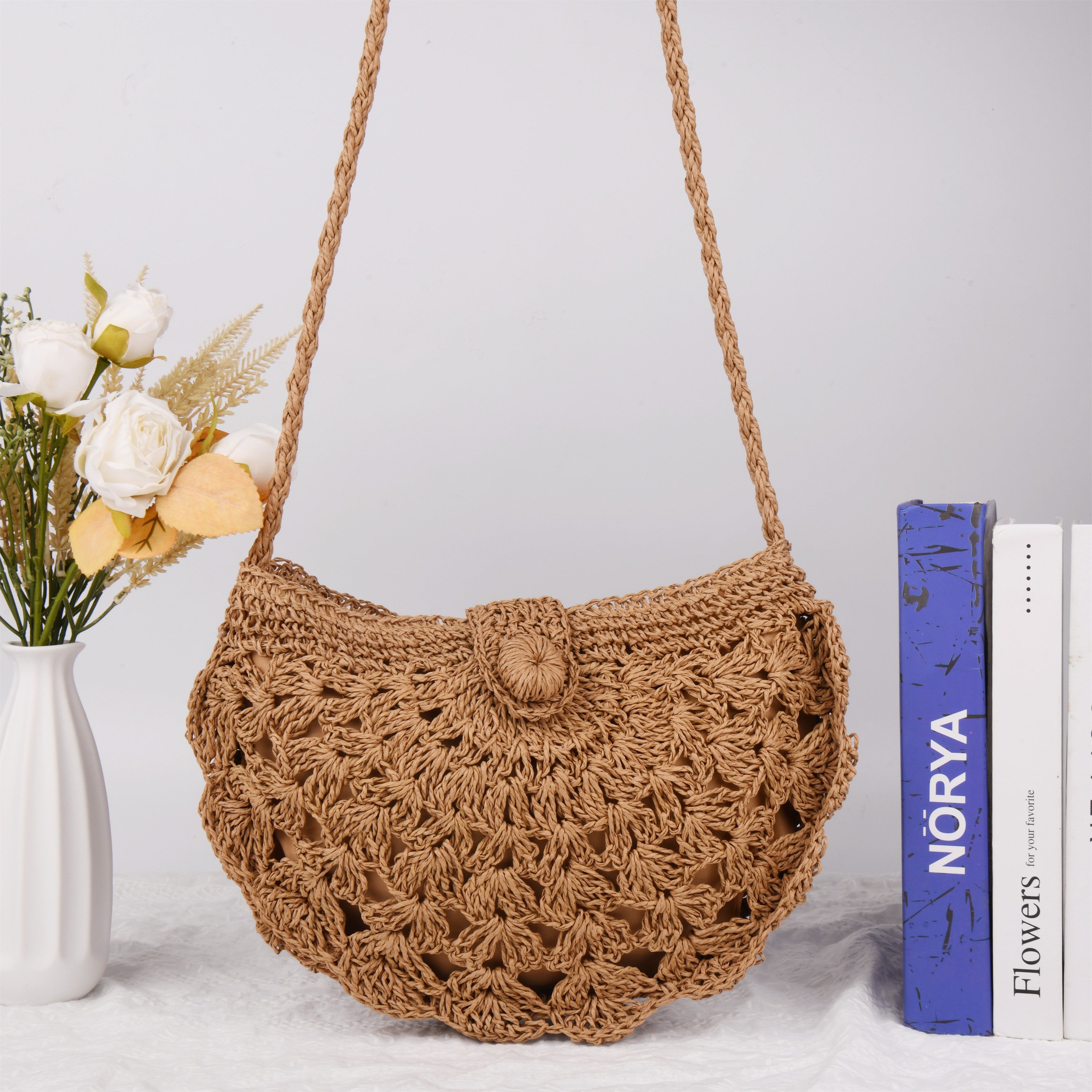 Straw Woven Bag,Hollow Holiday Vacation Cross-body Bag, Handmade Paper Rope Handbag for Party|Beach|Birthday|Wedding