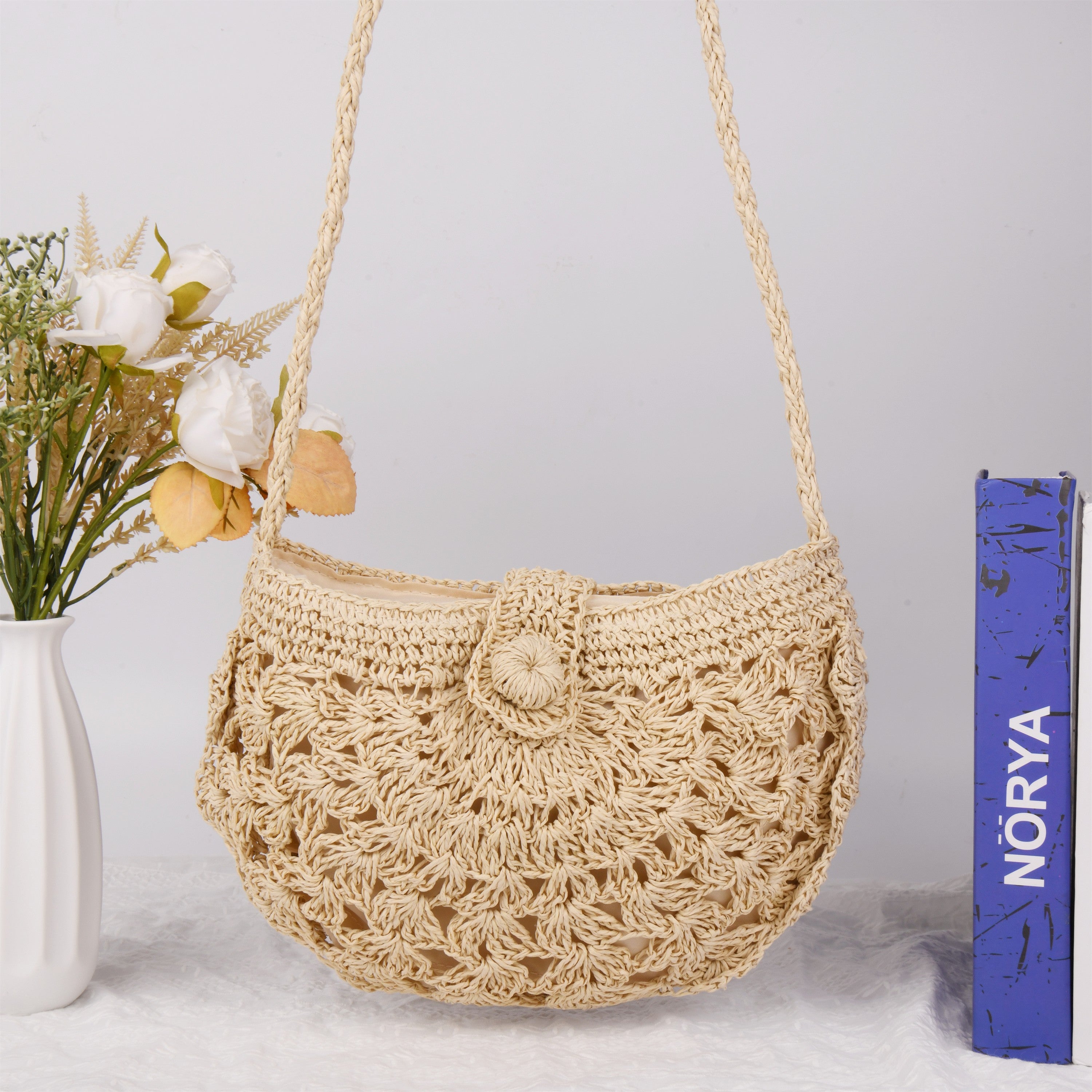 Straw Woven Bag,Hollow Holiday Vacation Cross-body Bag, Handmade Paper Rope Handbag for Party|Beach|Birthday|Wedding