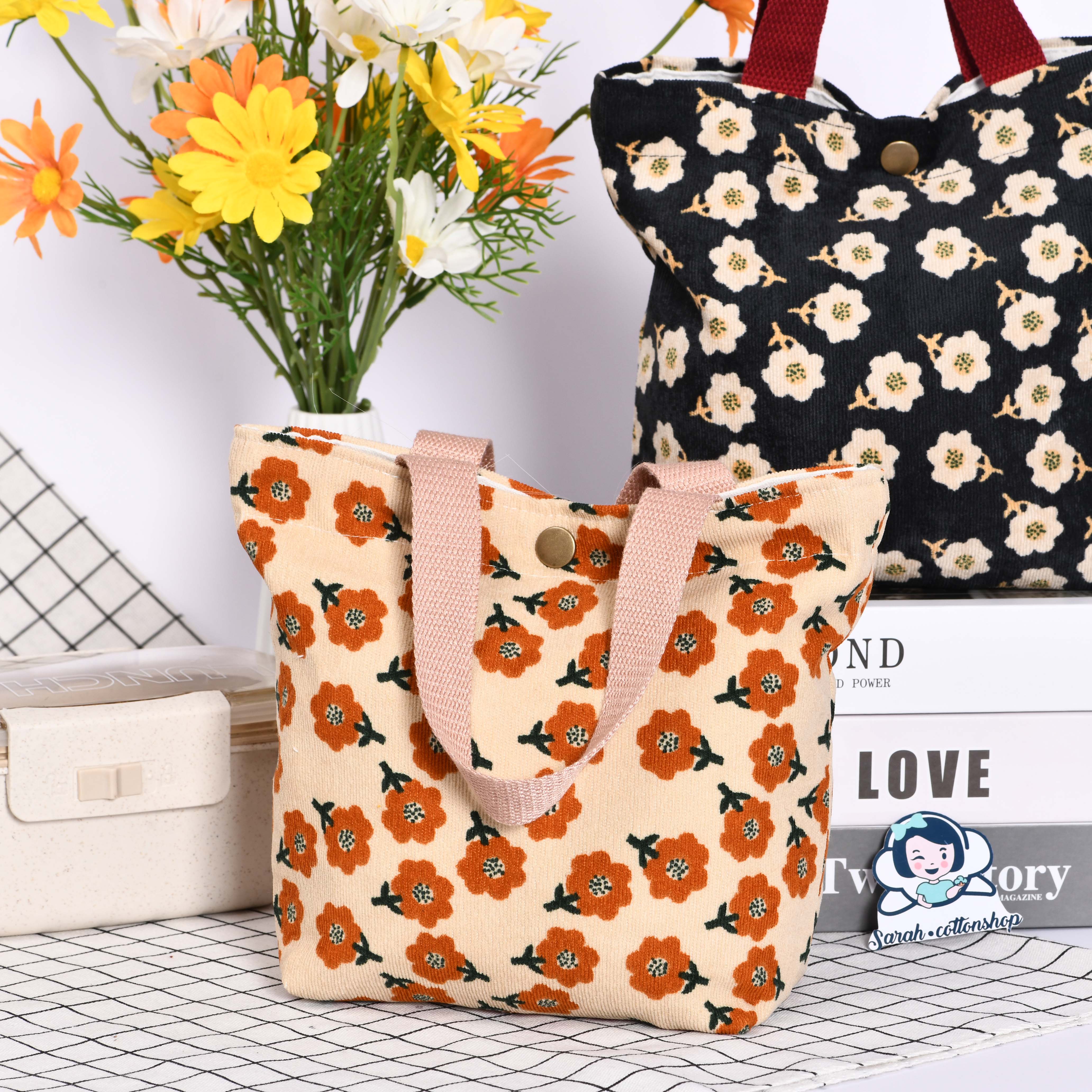 Small Flowers Corduroy Totes,Cute Handmade Purse