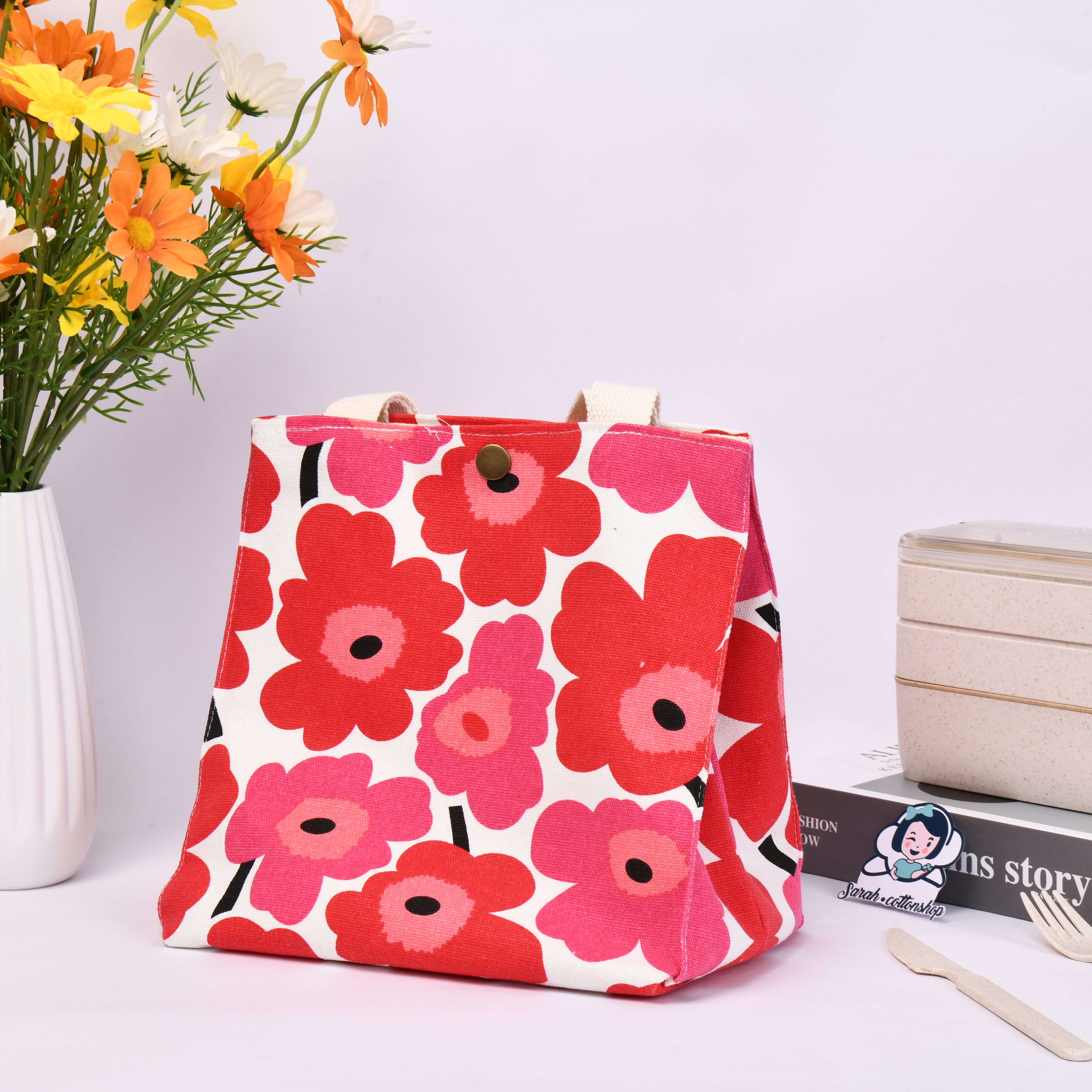 Fabric Handbag Purse,Large Flower Zipper Lunch Tote,Perfect for Work,Pinic,Back to school