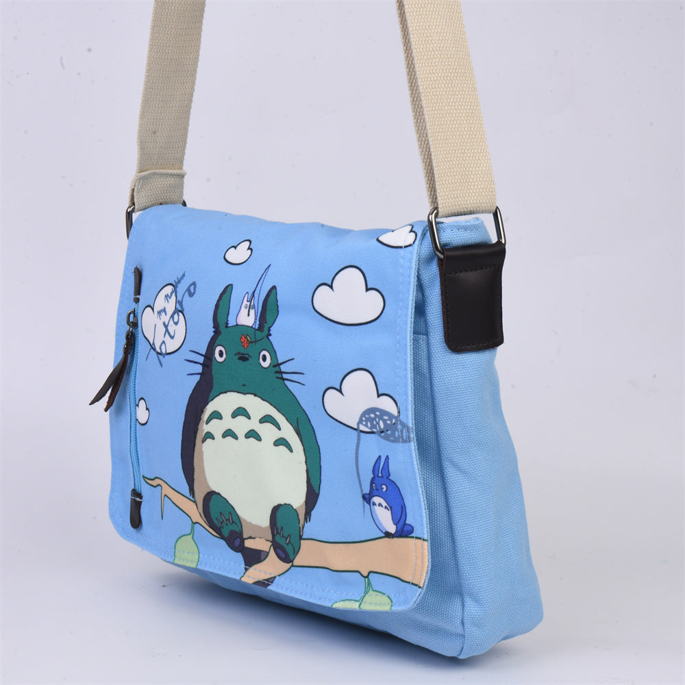Blue Cartoon Totoro Clouds Canvas Crossbody Bag
