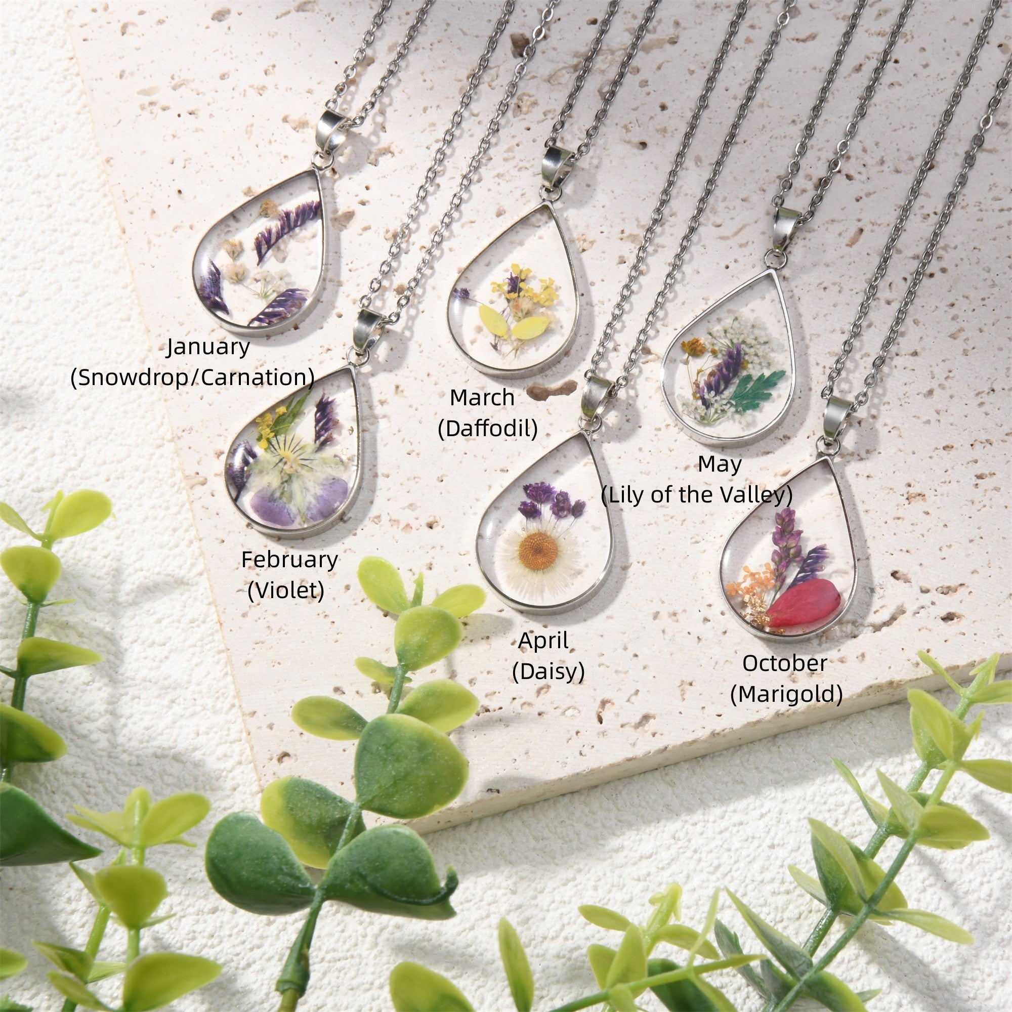 Gold/Silver Birth Month Flower Necklace,Real Dried Flower Teardrop Necklace