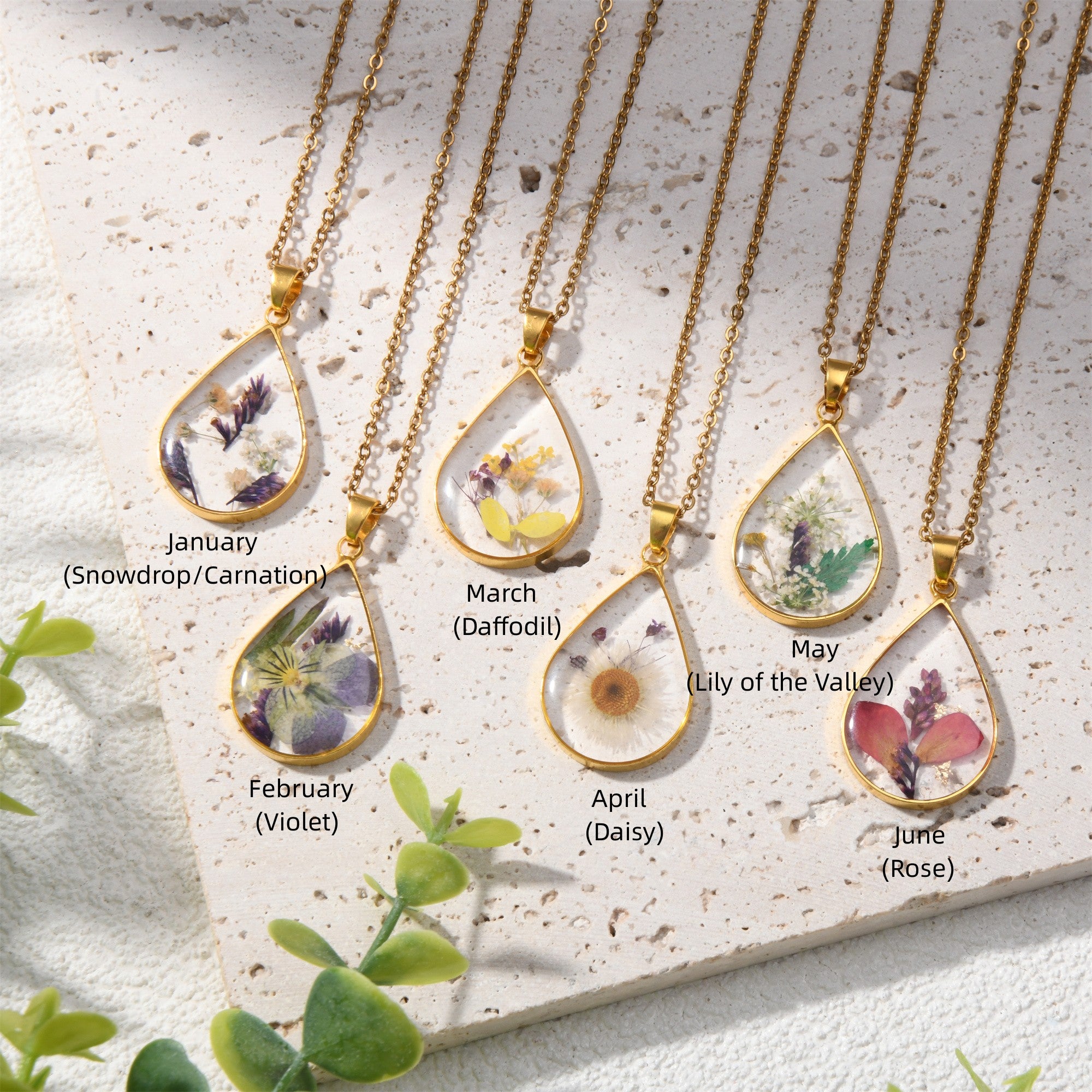 Gold/Silver Birth Month Flower Necklace,Real Dried Flower Teardrop Necklace