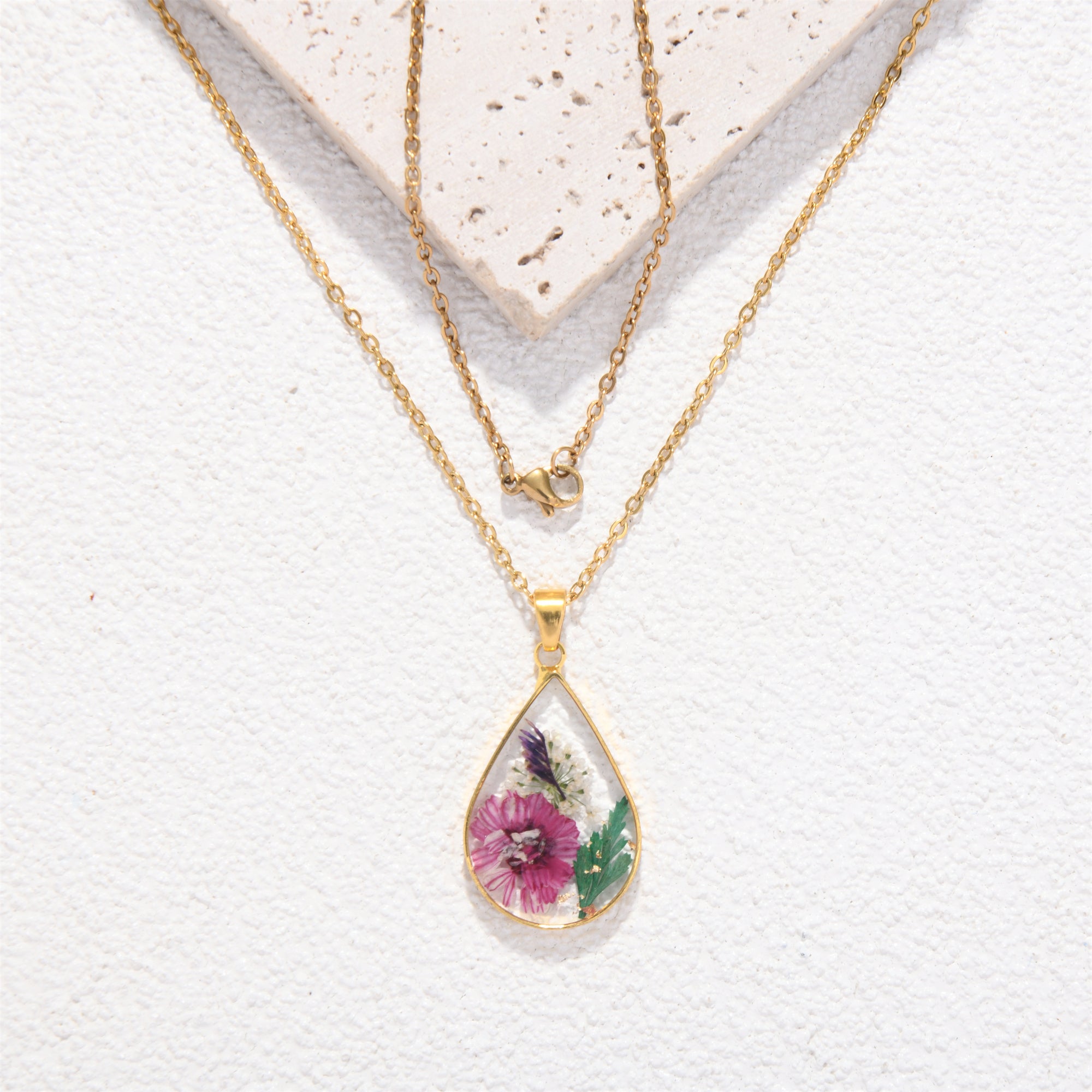 Gold/Silver Birth Month Flower Necklace,Real Dried Flower Teardrop Necklace