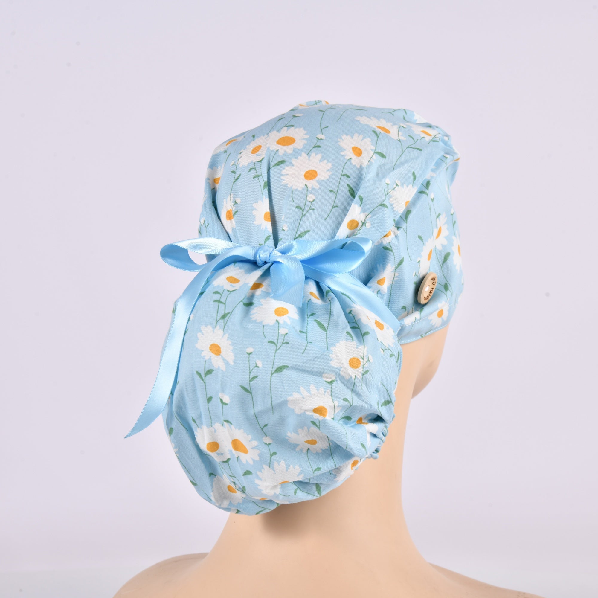 Baby Blue Daisy Ponytail Scrub Cap For Women
