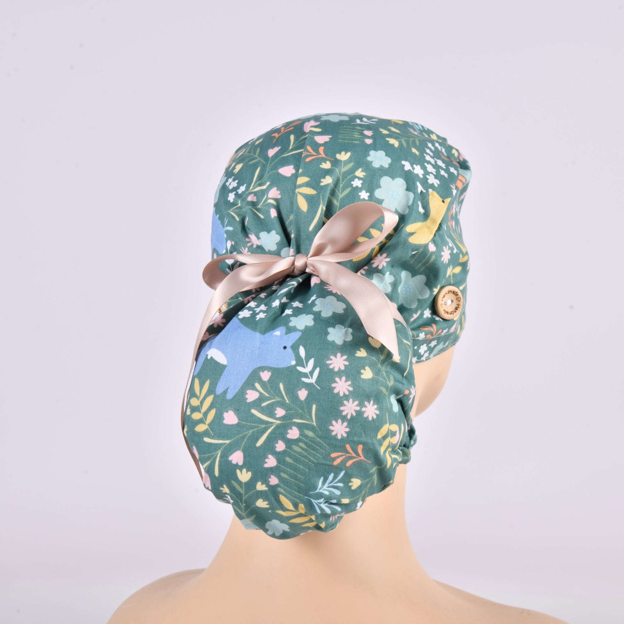Green Animal Print Cotton Ponytail Scrub Cap