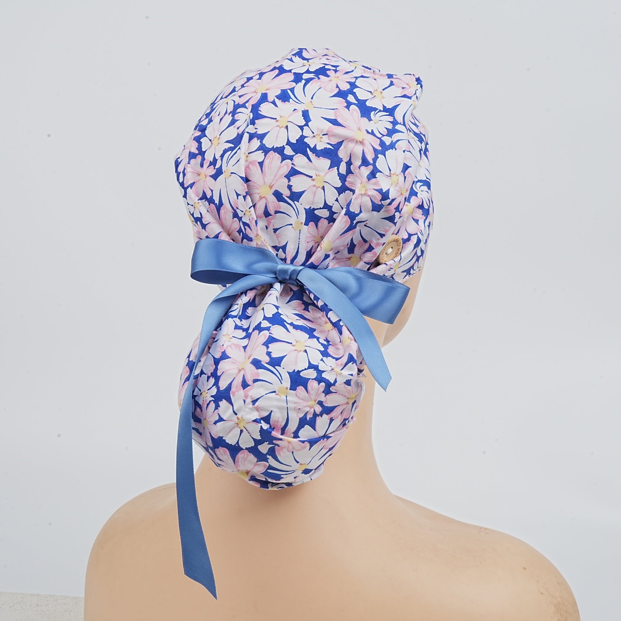 Blue White Pink Floral Cotton Ponytail Scrub Cap