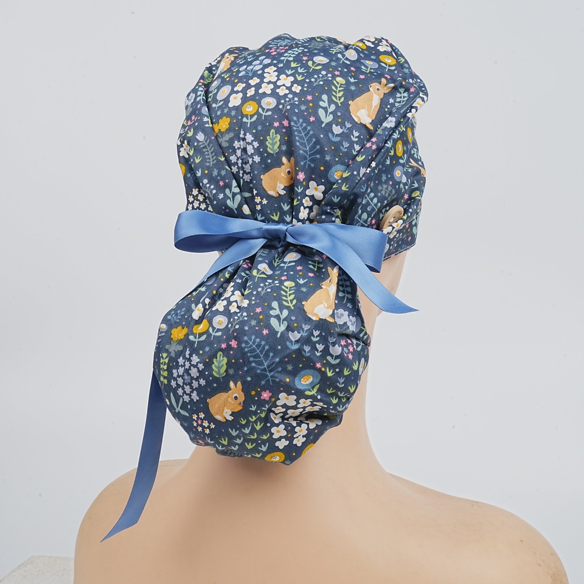 Navy Bunny Cotton Ponytail Scrub Cap