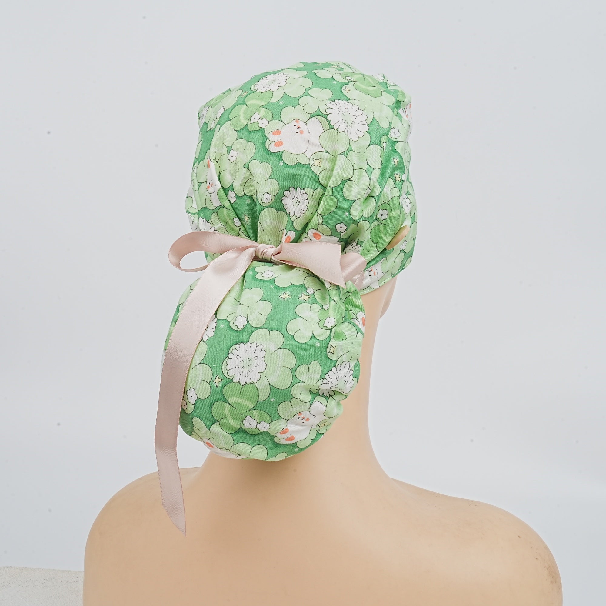 Summer Cotton Ponytail Scrub Cap: Green Leaves & Bunny