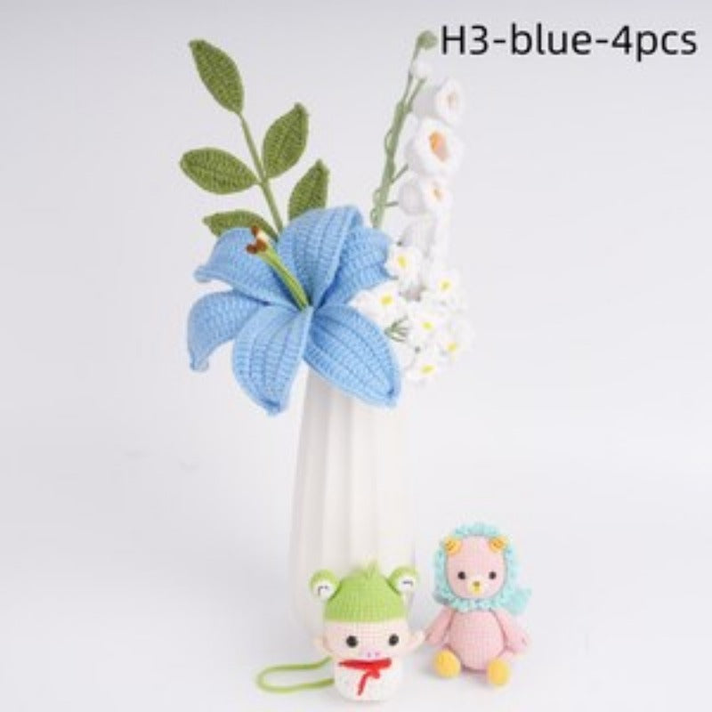 4PCS Handmade Crochet Flower Bouquet,Lily,Rose,Carnation,lily of the valley,Knitted Heart