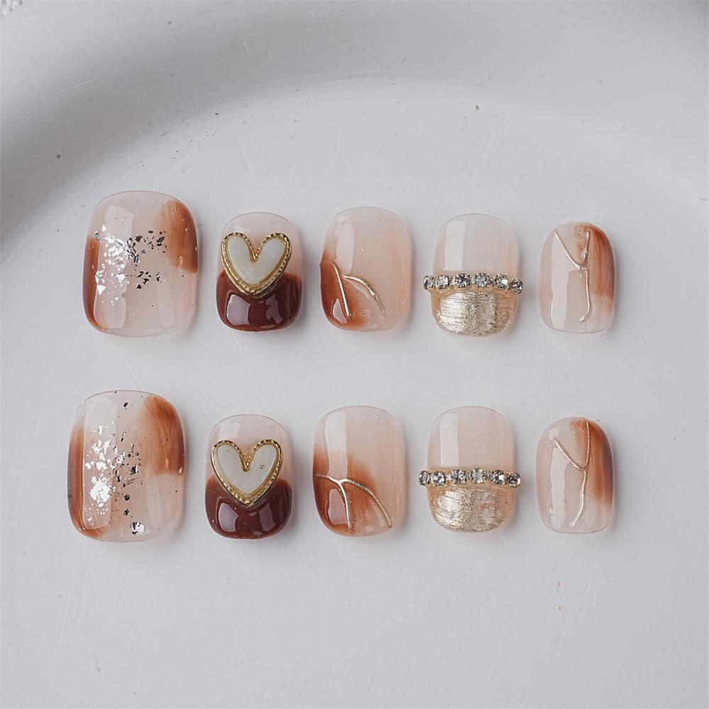 Elegant Handmade Blooming Amber Heart Press On Nails,Reusable Gel Manicure,Birthday/Mother's Day Gifts