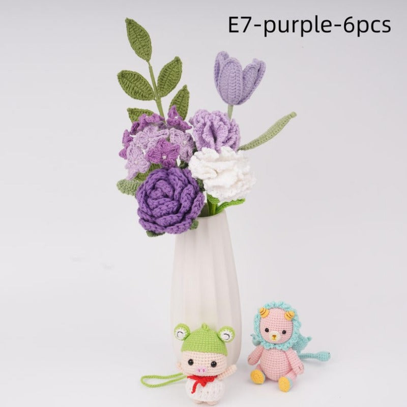 4/6PCS Handmade Crochet Tulip Rose Hydrangea Bouquet,Home Desk Decor