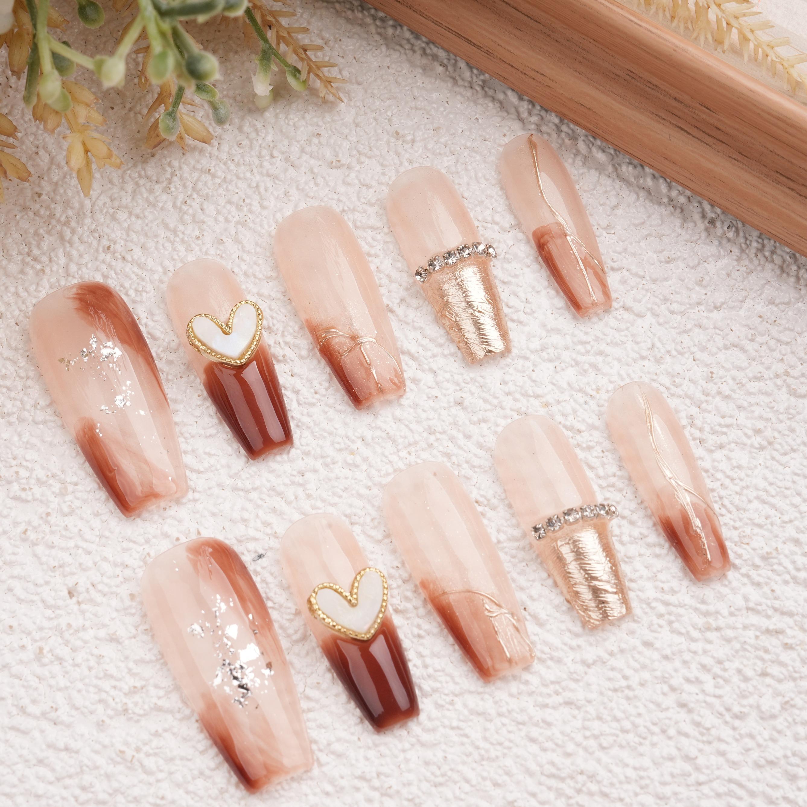Luxury Ombre Brown Press On Nails With Rhinestones Charms,Long Coffin,Artist Faux Nails,Elegant Design for Everyday Wear,Birthday/Mother's Day Gifts
