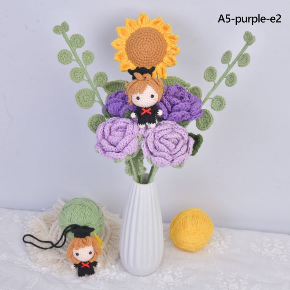 Crochet Sunflower Graduation Bouquet,Handmade Knit Roses Flower