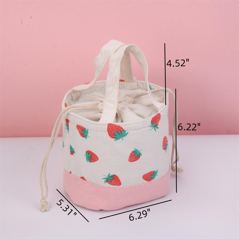 Orange/Strawberry/Apple/Pear Round Cotton Linen Insulated Lunch Bag, Premium Quality Drawstring Bag, Back to School