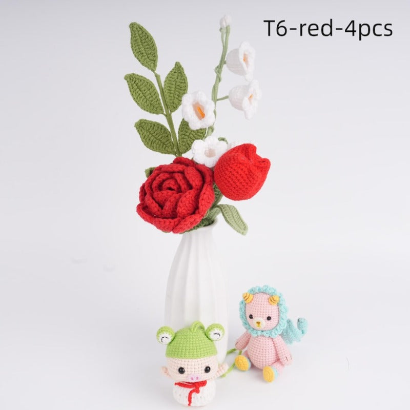4PCS Handmade Knitted Rose Tulip Bouquet,Hydrangea,Lily of the Valley,Mother Sister Girlfriend