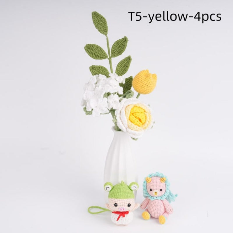 4PCS Handmade Knitted Rose Tulip Bouquet,Hydrangea,Lily of the Valley,Mother Sister Girlfriend