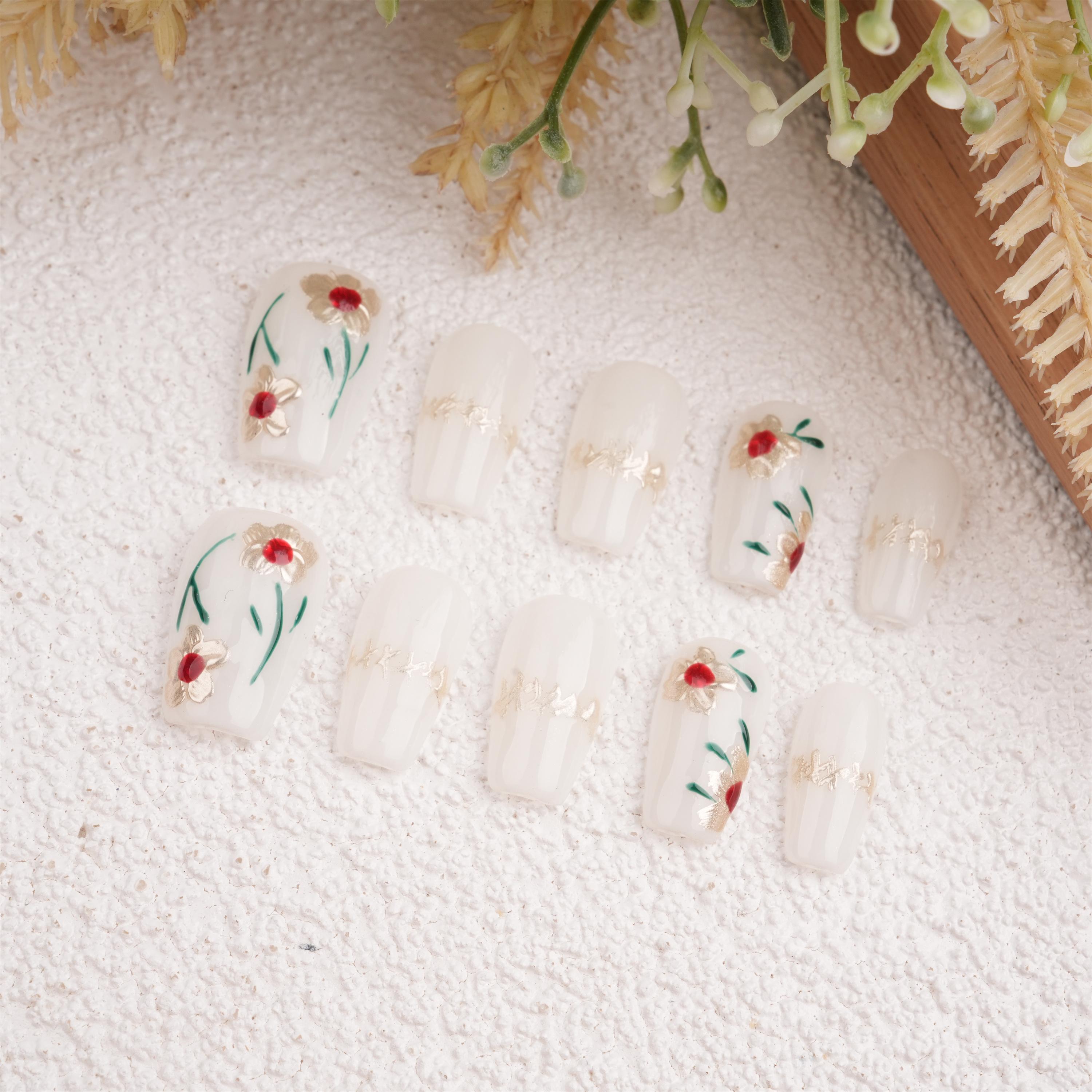 Hand Painted Golden Flowers Press On Nails,Elegant Floral Design For Wedding,Party,Prom