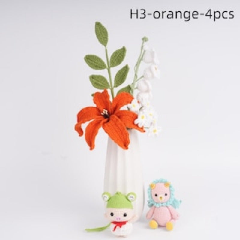4PCS Handmade Crochet Flower Bouquet,Lily,Rose,Carnation,lily of the valley,Knitted Heart