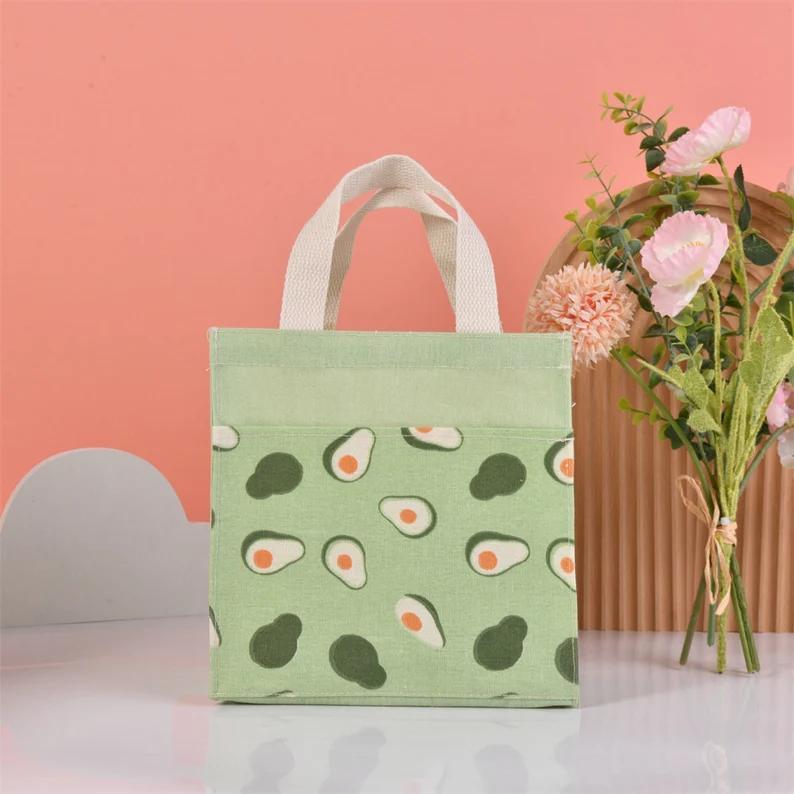 Size M Lemon/Avocado/Orange Linen Canvas Tote, Fruit Lunch Totes, Back to School
