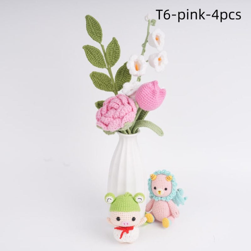 4PCS Handmade Knitted Rose Tulip Bouquet,Hydrangea,Lily of the Valley,Mother Sister Girlfriend