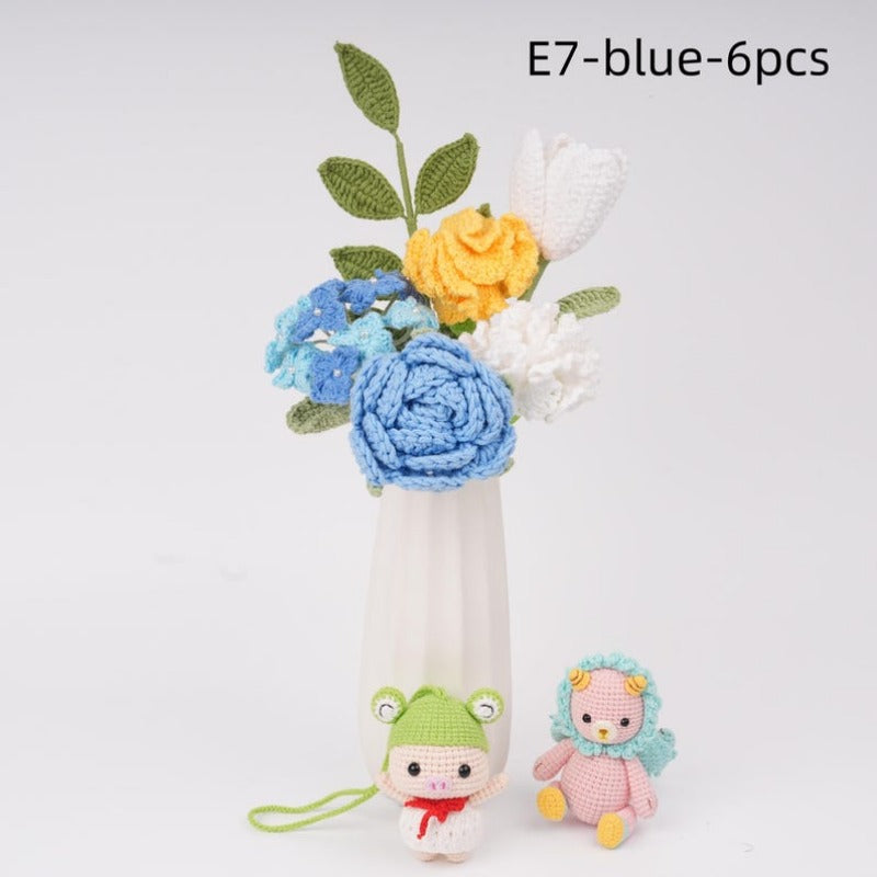 4/6PCS Handmade Crochet Tulip Rose Hydrangea Bouquet,Home Desk Decor