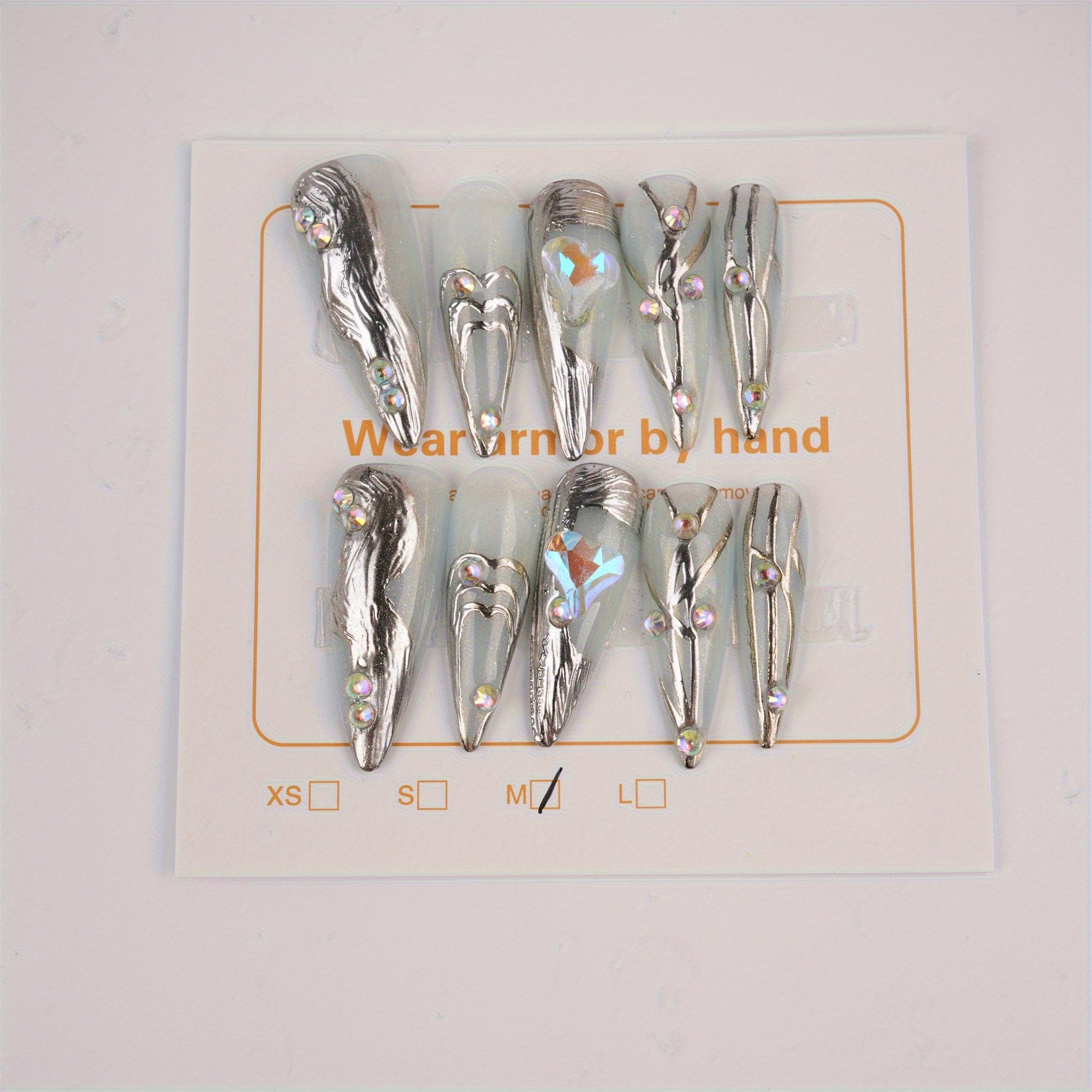 Silver Love Fake Diamond Long Stiletto Press on Nails, Party Birthday Luxury Nails, Line Blue Nails, Party Gift
