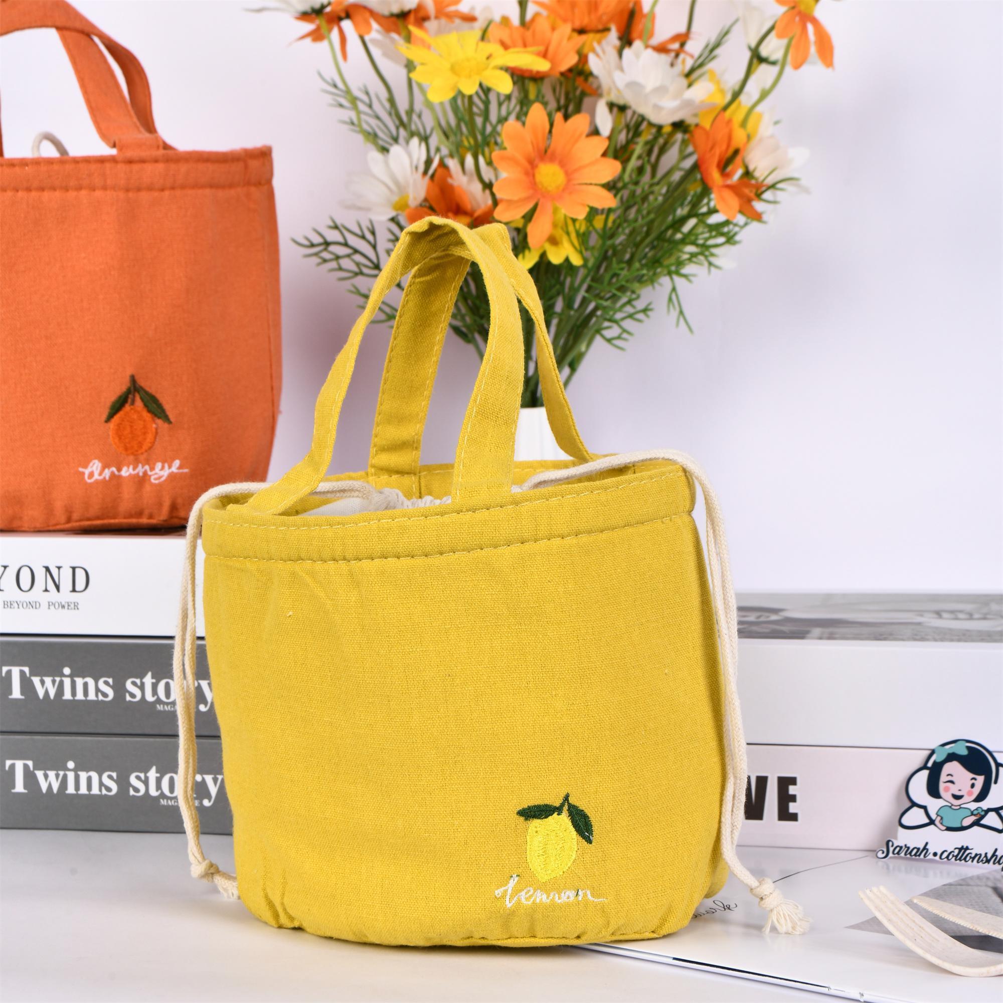 Orange/Avocado/Lemon/Peach Round Cotton Linen Insulated Lunch Bag, Premium Quality Drawstring Bag, Back to School