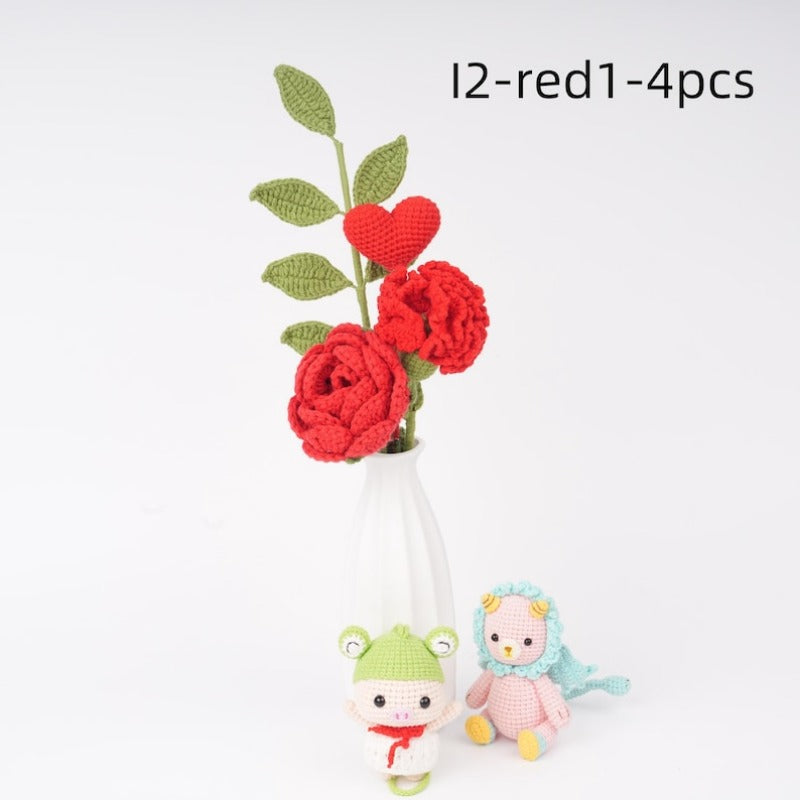 4PCS Handmade Crochet Flower Bouquet,Lily,Rose,Carnation,lily of the valley,Knitted Heart